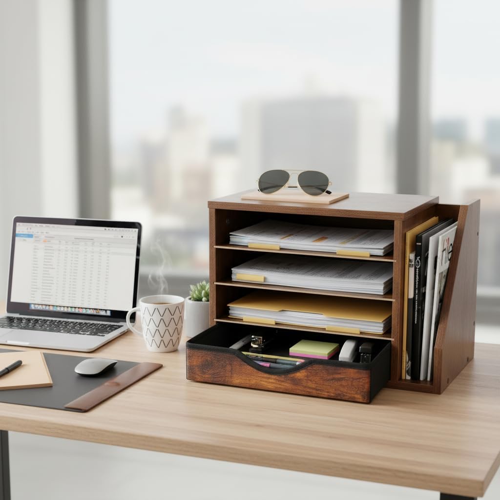 Wooden Desk Organizer with Drawers, Wood Desk Organizers and Accessories, 4 Tier Desk Organizer with Adjustable Shelves, Paper File Mail Organizer for Home Office, Brown