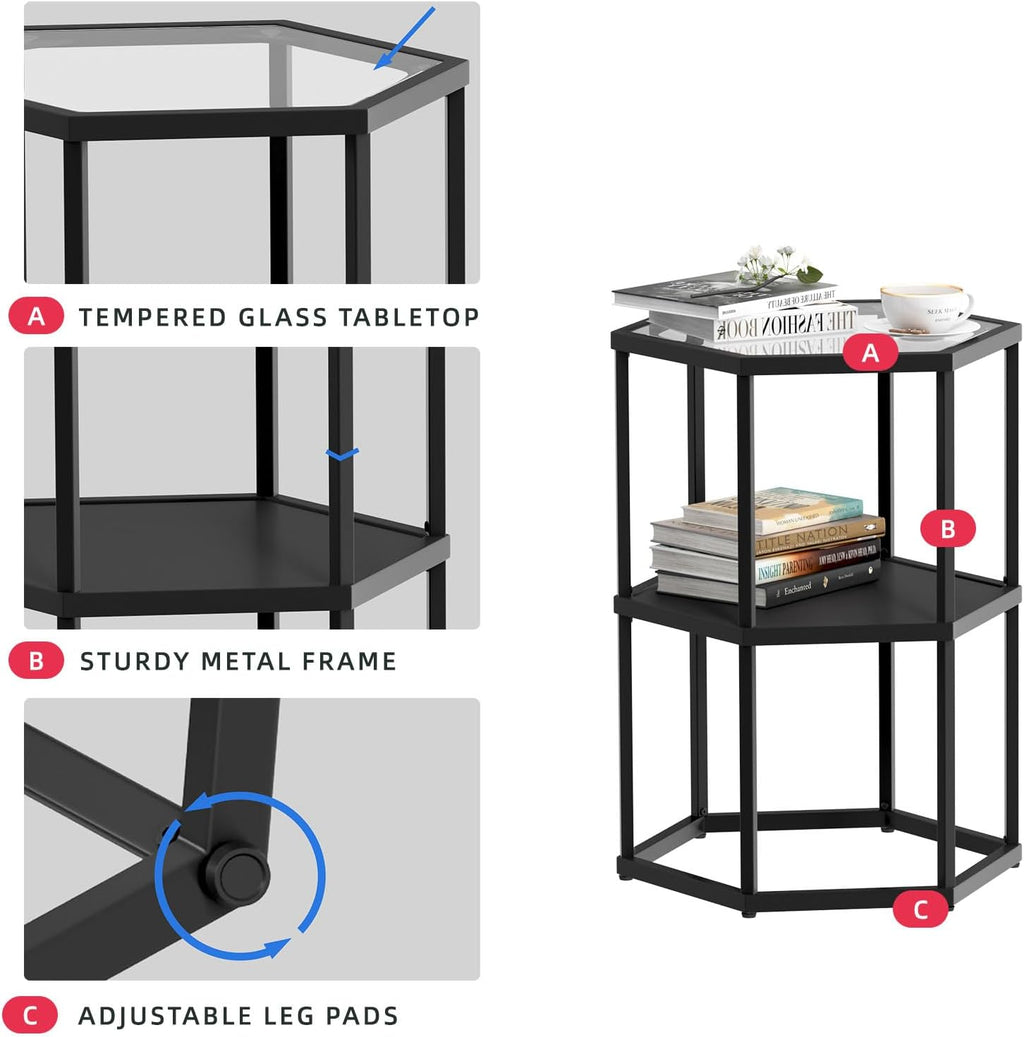 Side Table with 2-Tier Storage Shelf, Modern End Tables for Living Room Office Small Spaces, Glass Black End Table with Metal Frames, Nightstand for Bedroom, Bedside Furniture