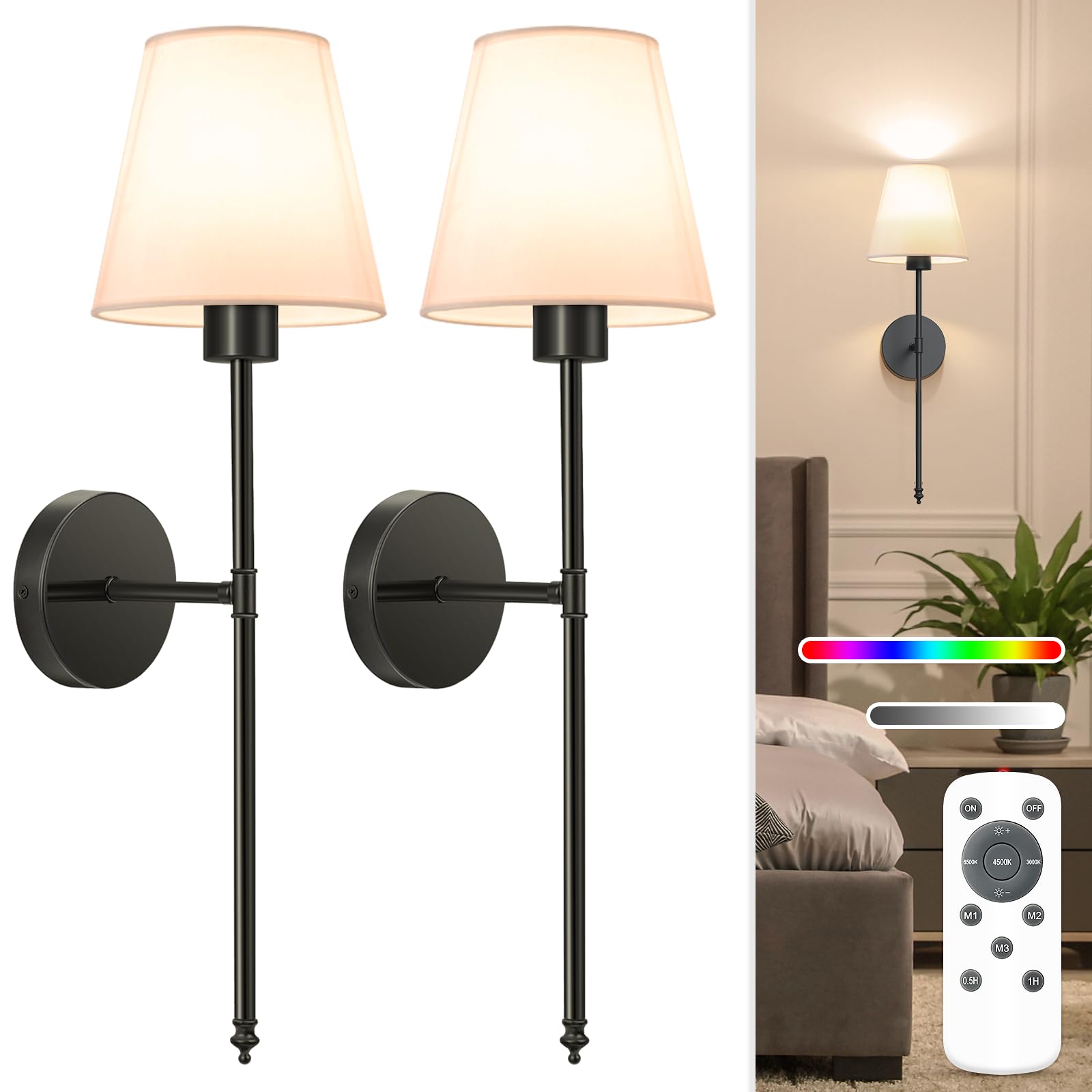 NIORSUN Battery Operated Wall Sconce Set of 2,Gold Rechargeable Wall Lights with 5200mAh Dimmable Bulbs and Remote,10 Colors Wireless Wall Lamps for Bedroom Living Room Hallway Decor