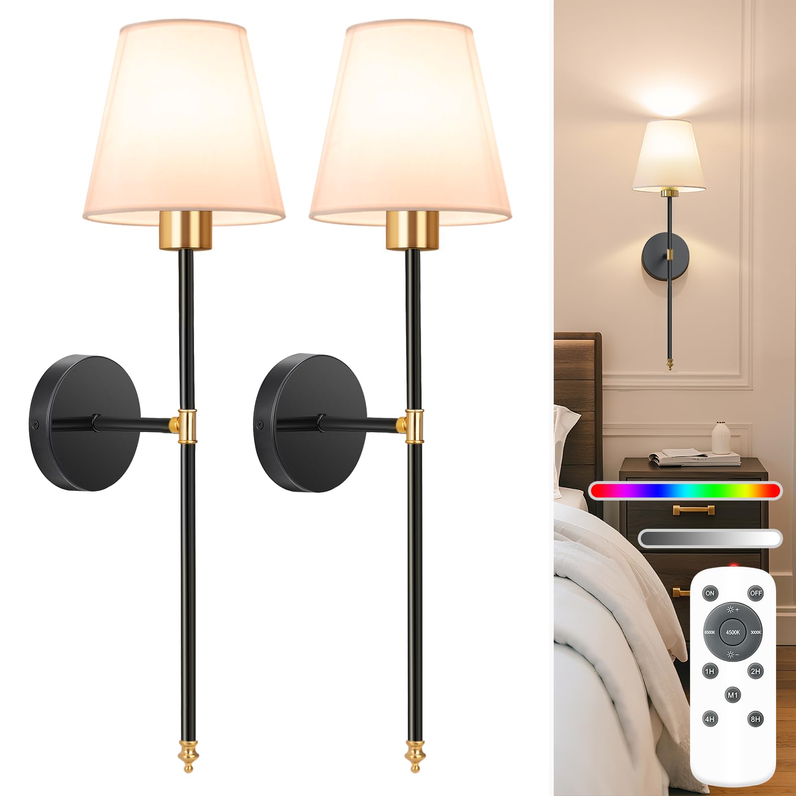 NIORSUN Battery Operated Wall Sconce Set of 2,Gold Rechargeable Wall Lights with 5200mAh Dimmable Bulbs and Remote,10 Colors Wireless Wall Lamps for Bedroom Living Room Hallway Decor