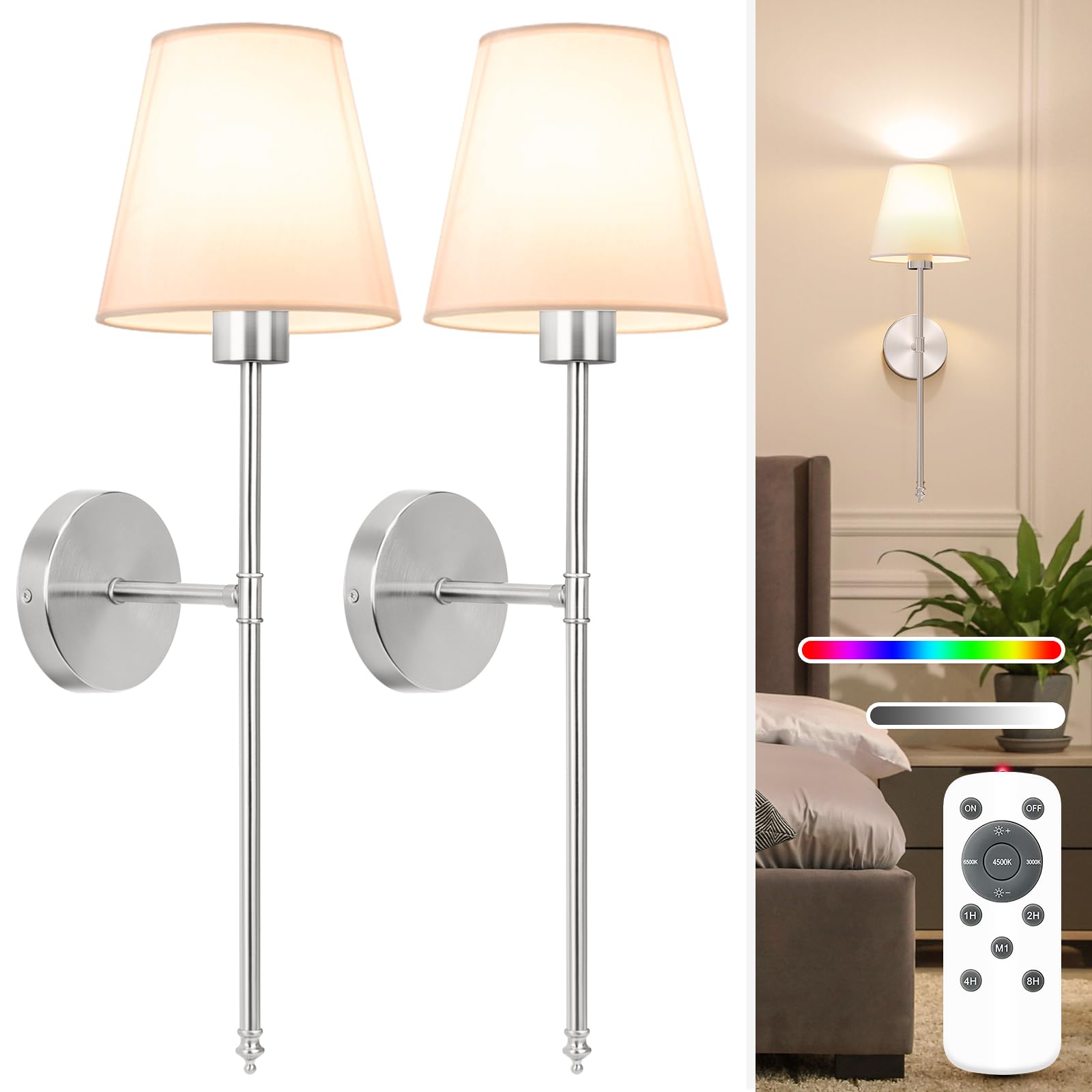 NIORSUN Battery Operated Wall Sconce Set of 2,Gold Rechargeable Wall Lights with 5200mAh Dimmable Bulbs and Remote,10 Colors Wireless Wall Lamps for Bedroom Living Room Hallway Decor