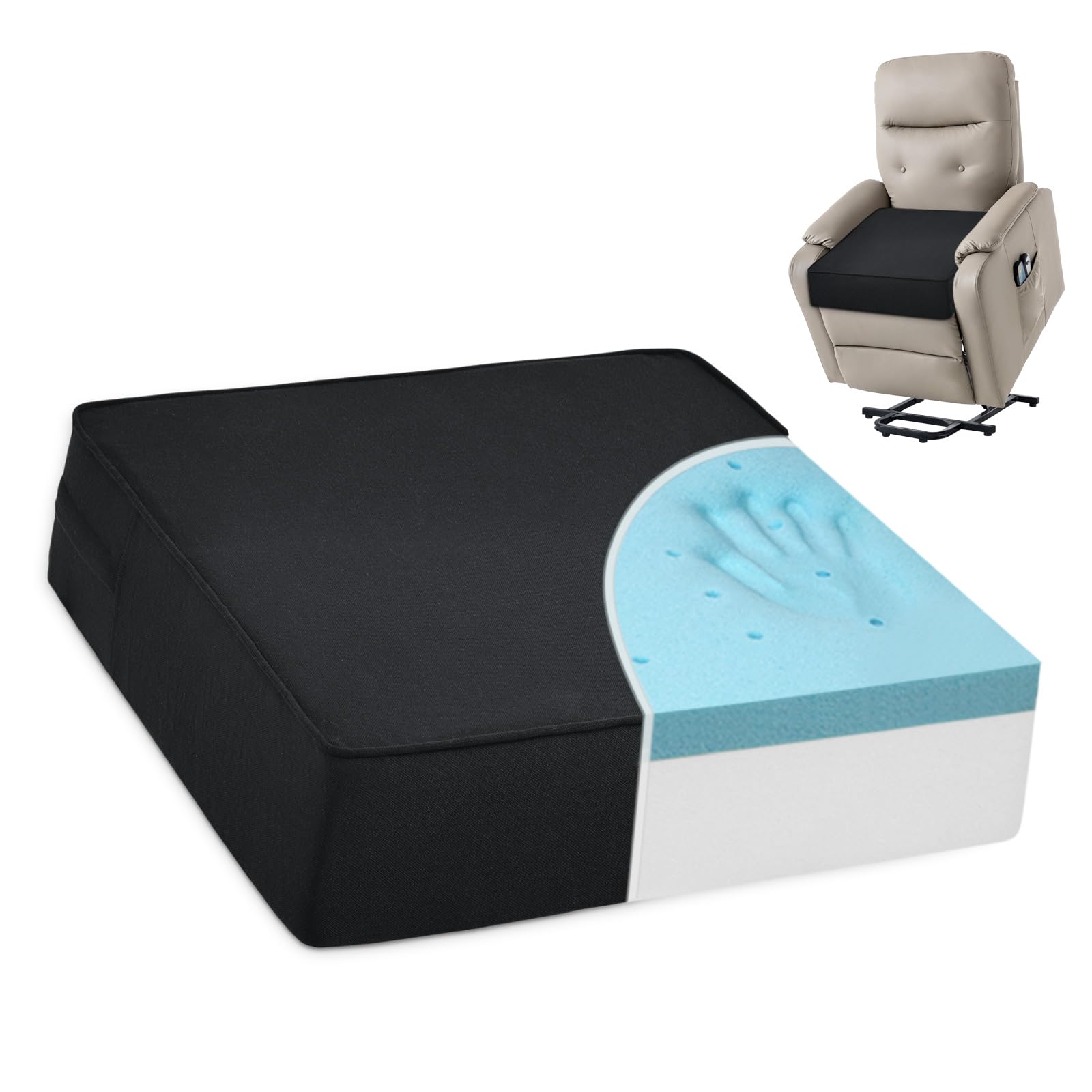 Shinnwa Gel Memory Foam Recliner Cushion for Elderly, Dual-Layer Foam Chair Pad, Extra Large Seat Cushion for Couch, Armchair, Wicker Chairs, Floor, 20 × 20 × 5in, Black