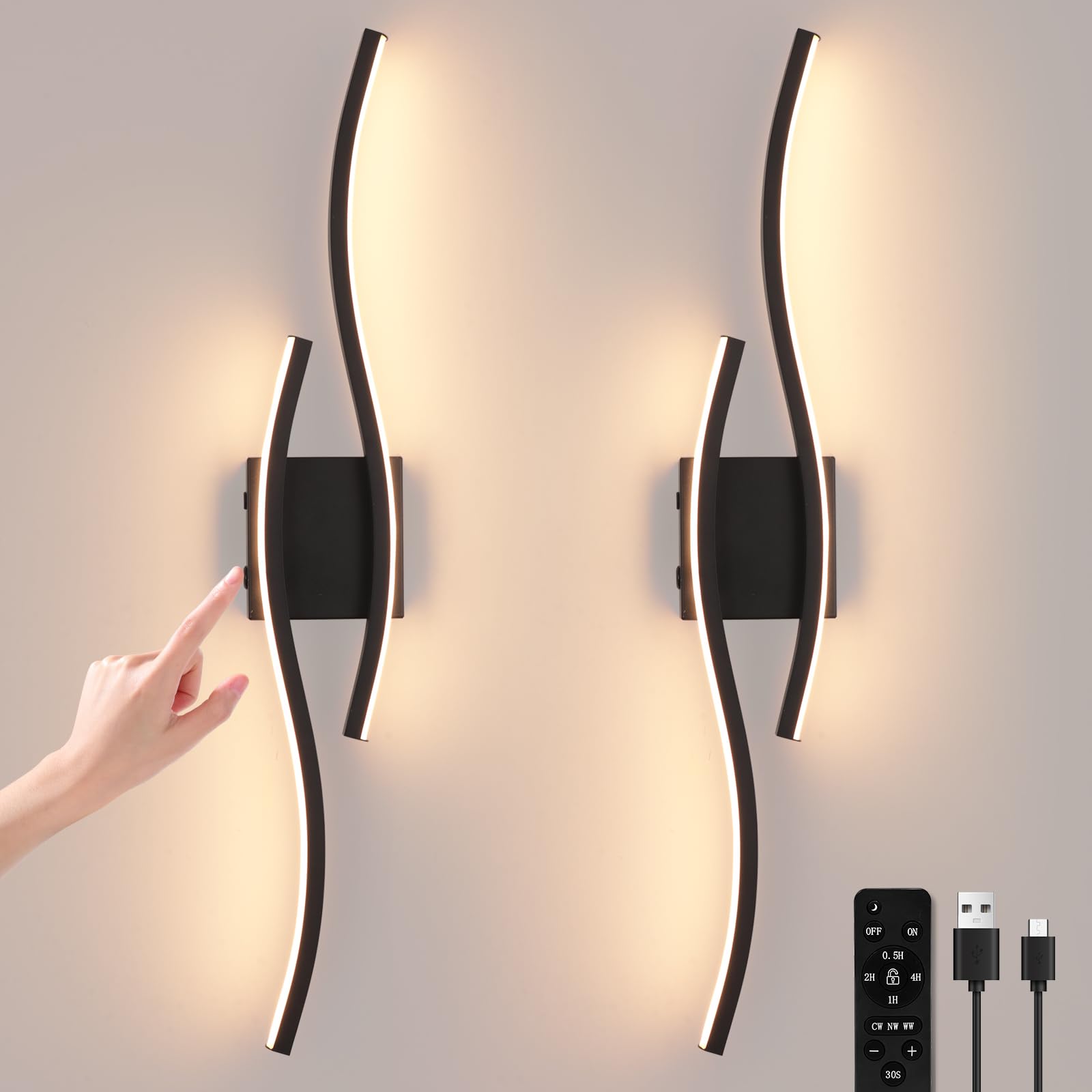 Modern LED Wall Sconce Set of Two, Battery Powered Wall Sconces Set of 2 with Timer, Gold Wall Light with Remote, LED Wall Lamp Indoor not Hardwired for Bathroom Living Room Bedroom Corridor