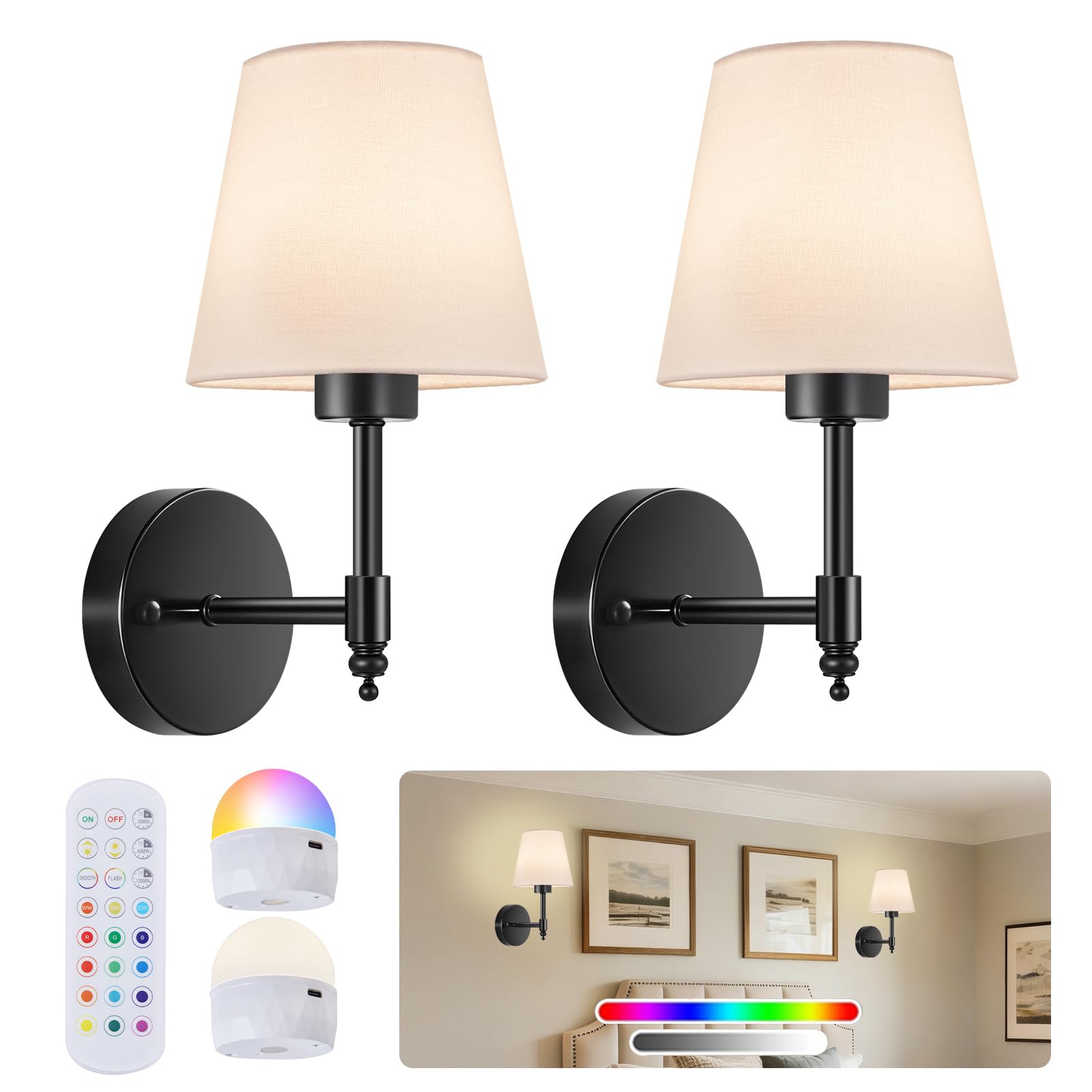 Battery Operated Wall Sconce Set of 2, Rechargeable Wireless Wall Lights with fabric Lampshade, 5200mAh Dimmable Bulbs with Remote,15 Colors Wireless Wall Lamps for Bedroom Living Room Hallway Decor