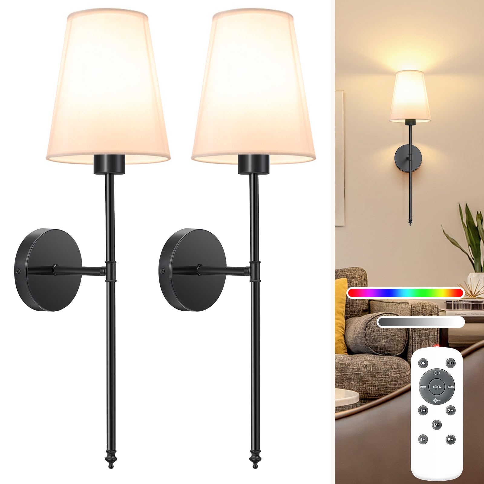NIORSUN Battery Operated Wall Sconce Set of 2,Gold Rechargeable Wall Lights with 5200mAh Dimmable Bulbs and Remote,10 Colors Wireless Wall Lamps for Bedroom Living Room Hallway Decor
