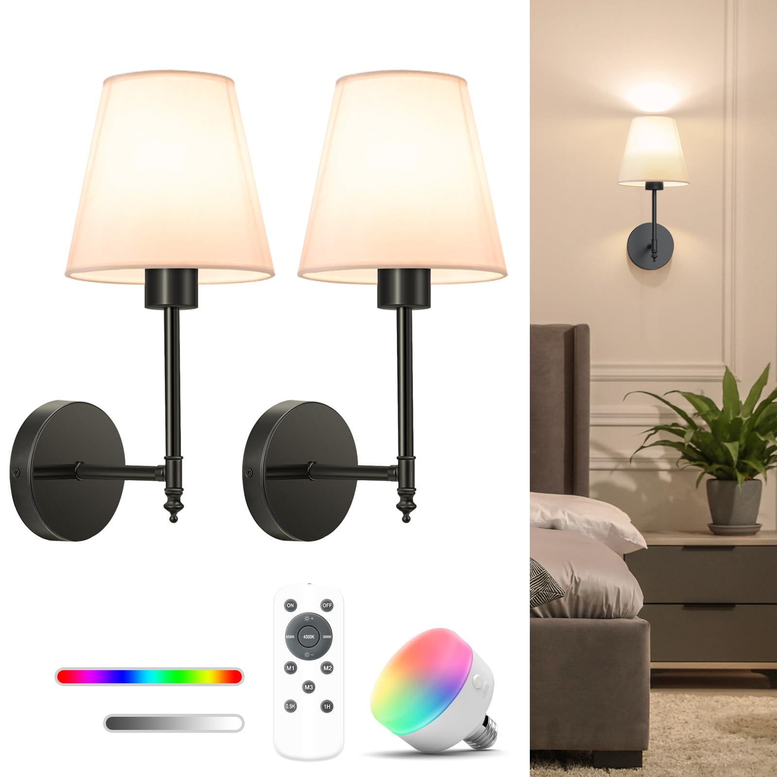 NIORSUN Battery Operated Wall Sconce Set of 2,Gold Rechargeable Wall Lights with 5200mAh Dimmable Bulbs and Remote,10 Colors Wireless Wall Lamps for Bedroom Living Room Hallway Decor