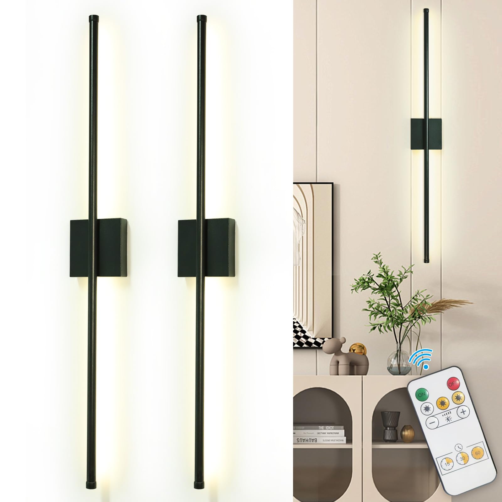 Depuley Battery Operated Wall Sconce: Set of 2 Wireless Wall Lights with 10000mAh Dimmable Bulbs and Remote for Bedroom - Rechargeable 15 Colors Gold Wall Lamp for Living Room Hallway