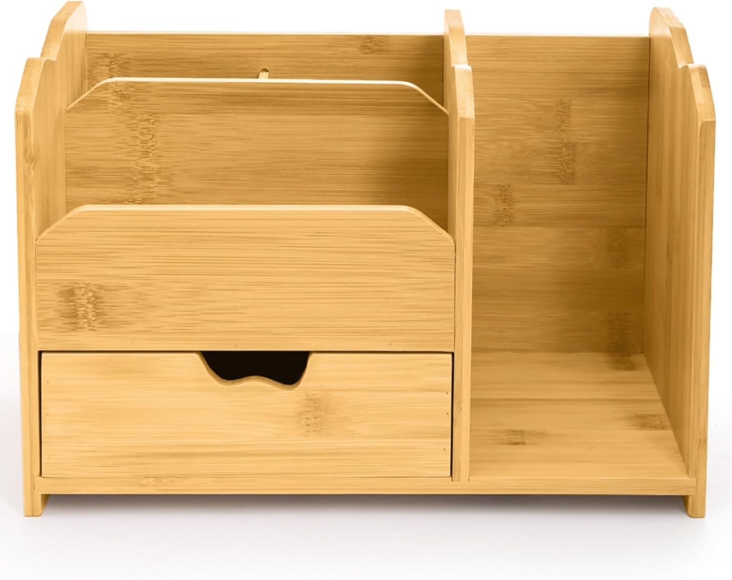 ZAVOOS Bamboo Desk Organizer, Multi Use Tabletop Storage Office Supplies with Drawer Pen Holder, 5 Compartments Heavy Duty Desk Accessories for Home Office Organization, No Assembly Required