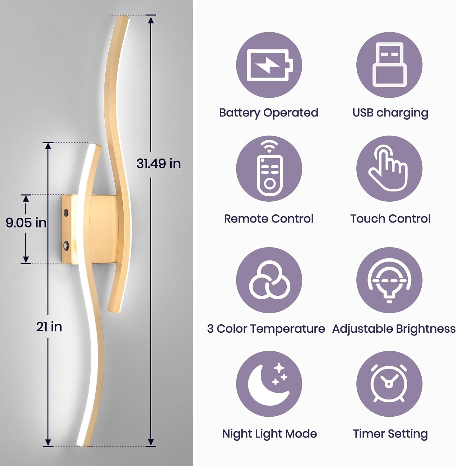 Modern LED Wall Sconce Set of Two, Battery Powered Wall Sconces Set of 2 with Timer, Gold Wall Light with Remote, LED Wall Lamp Indoor not Hardwired for Bathroom Living Room Bedroom Corridor