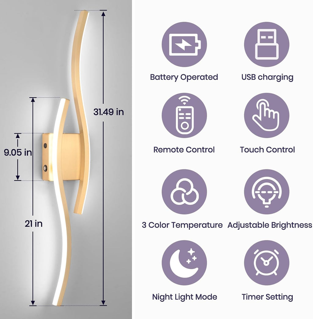 Modern LED Wall Sconce Set of Two, Battery Powered Wall Sconces Set of 2 with Timer, Gold Wall Light with Remote, LED Wall Lamp Indoor not Hardwired for Bathroom Living Room Bedroom Corridor