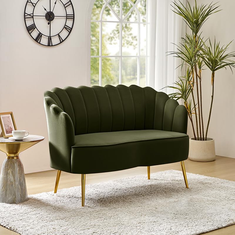 Velvet Upholstered Loveseat Sofa with Gold Metal Legs, Modern Comfy Small Love Seat with Flower Shaped Back, 2-Seater Sofa Accent Couch for Living Bedroom Leisure Areas