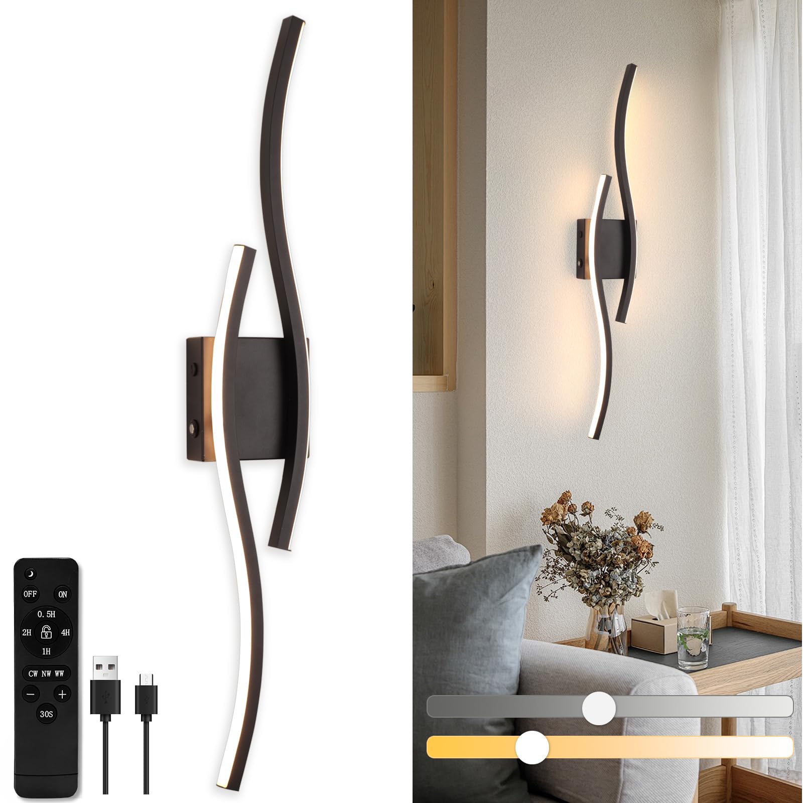 Modern LED Wall Sconce Set of Two, Battery Powered Wall Sconces Set of 2 with Timer, Gold Wall Light with Remote, LED Wall Lamp Indoor not Hardwired for Bathroom Living Room Bedroom Corridor