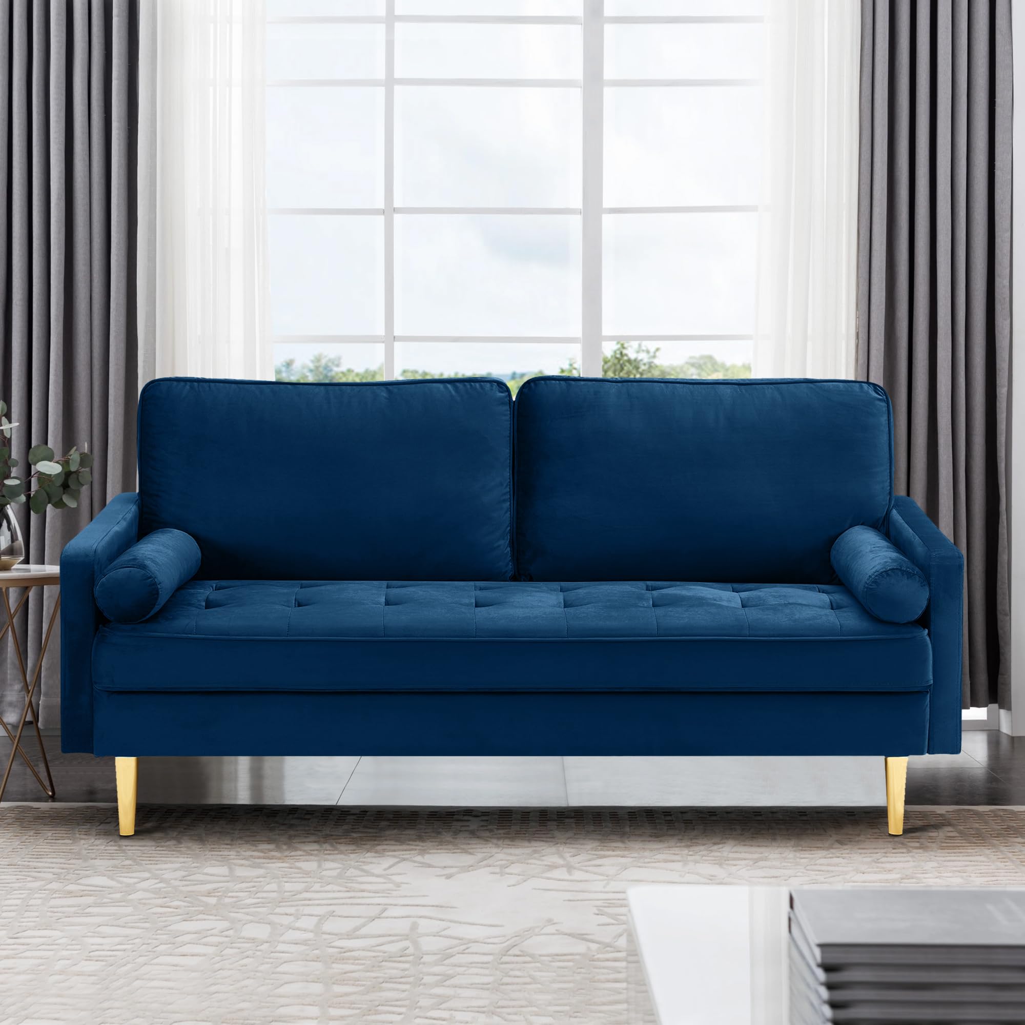 67" Modern Velvet Loveseat Sofa Couch, Mid-Century Tufted Upholstered Small Love Seat Couch with 2 Pillows & 4 Golden Legs, 2-Seats Couches for Compact Space, Living Room, Apartment (Black)