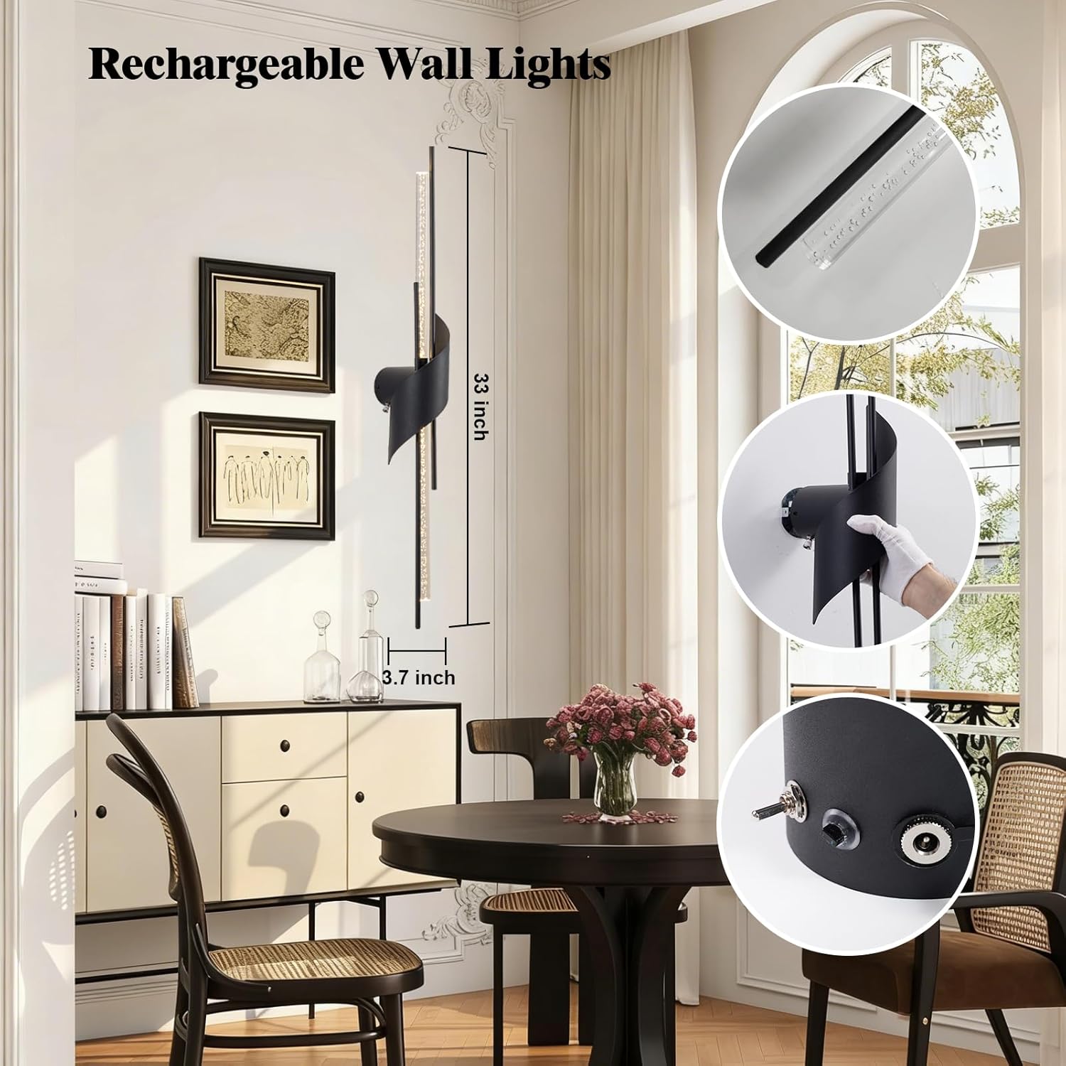 camuucci Battery Operated Wall Sconces Set of Two,Modern Wireless Wall Lights,LED Rechargeable 20000mAh Not Hardwired Remote Control Dimmable Wall Lamp Fixtures for Bedroom Black 33 Inches