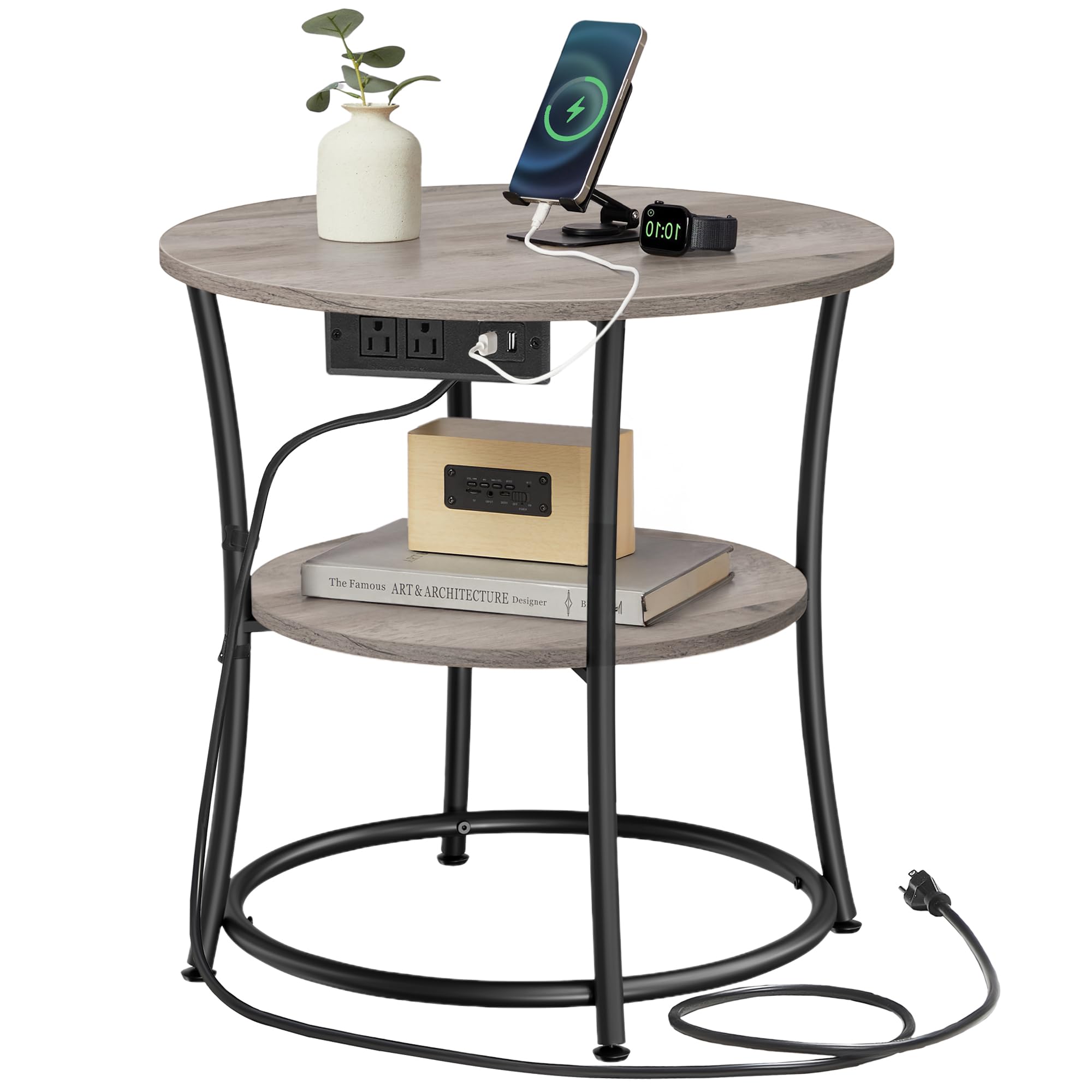VASAGLE 21.7-Inch Round Side Table, 2-Tier End Table, Nightstand with Steel Frame, Spacious Top, for Small Spaces, Living Room, Bedroom, Heather Greige and Ink Black ULET56BG | 2 Storage Shelves, Living Room, Bedroom, Nightstand, Small Spaces, Accent Coff