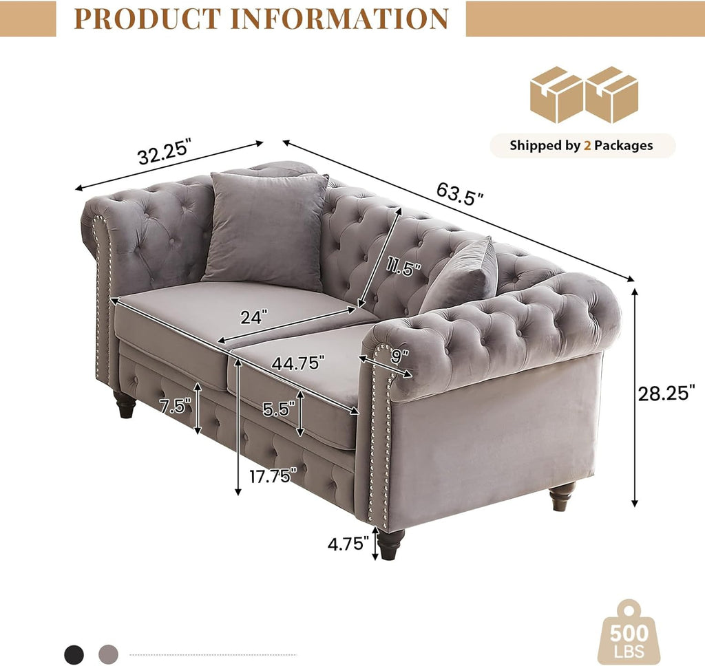 Modern Chesterfield Sofa Couch, 63.5-inch Velvet Fabric Loveseat Sofa with Rolled Arms and Tufted Button for Living Room, Office, Light Grey