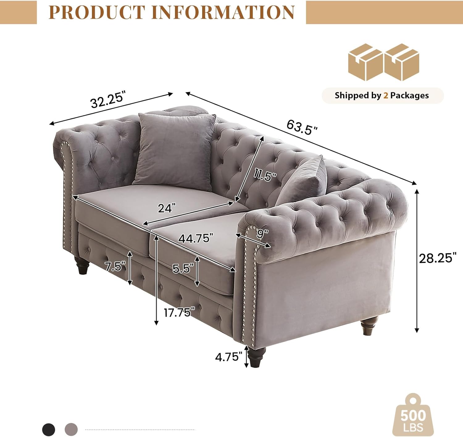 Modern Chesterfield Sofa Couch, 63.5-inch Velvet Fabric Loveseat Sofa with Rolled Arms and Tufted Button for Living Room, Office, Light Grey