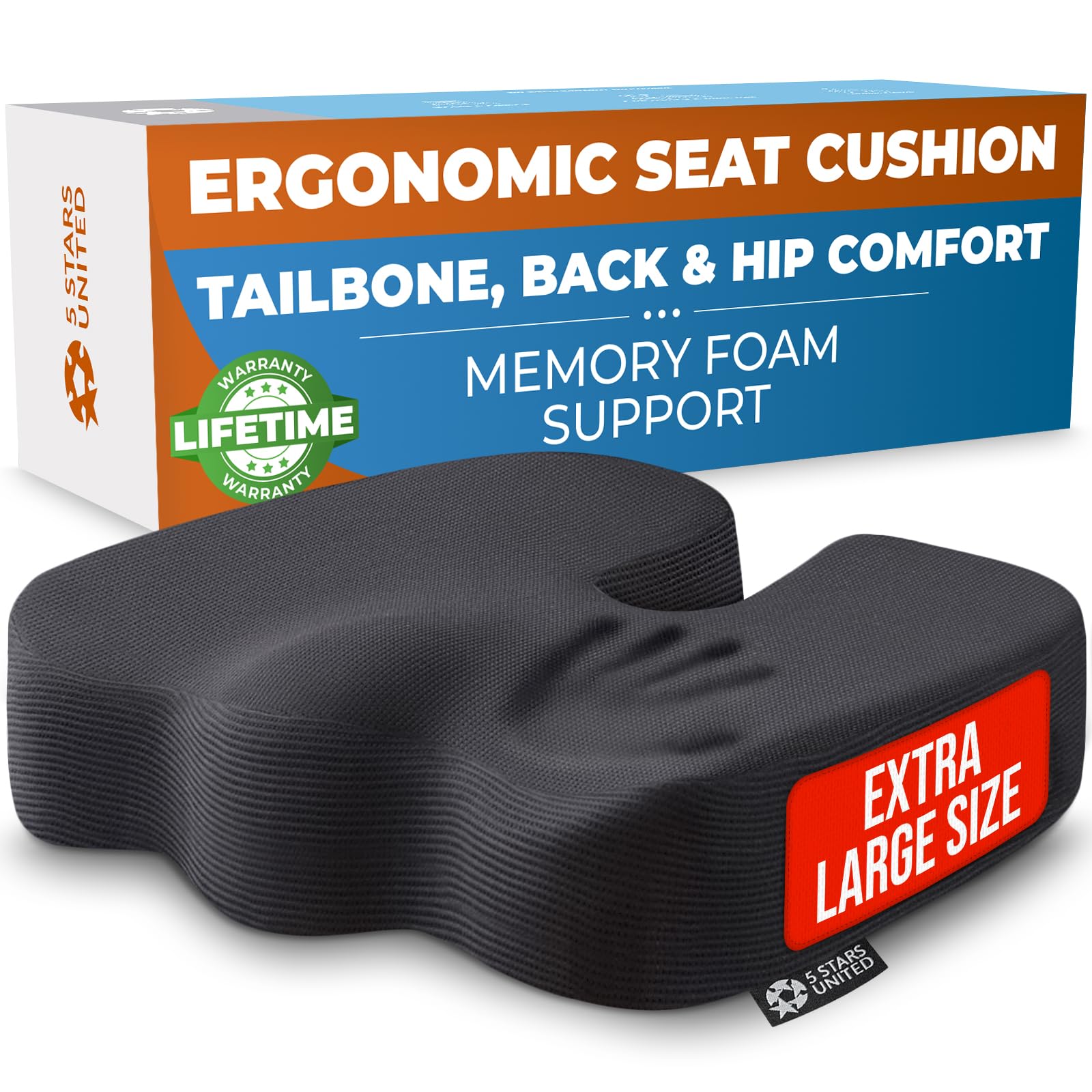 5 STARS UNITED Seat Cushion - Memory Foam Chair Cushion for Tailbone Pain Relief - Ergonomic Support for Coccyx, Sciatica & Butt - Office, Desk & Gaming Chair, Car Seat, Wheelchair, Airplane, Black