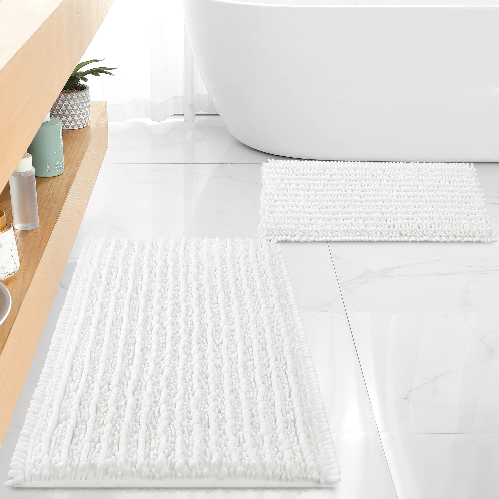 FLOLEOPA Chenille Coral Pink Bath Mat, Luxury Handmade Bathroom Rug, Non Slip, Extra Soft, Absorbent, Machine Washable, 32'x20' Plus 17'x24'