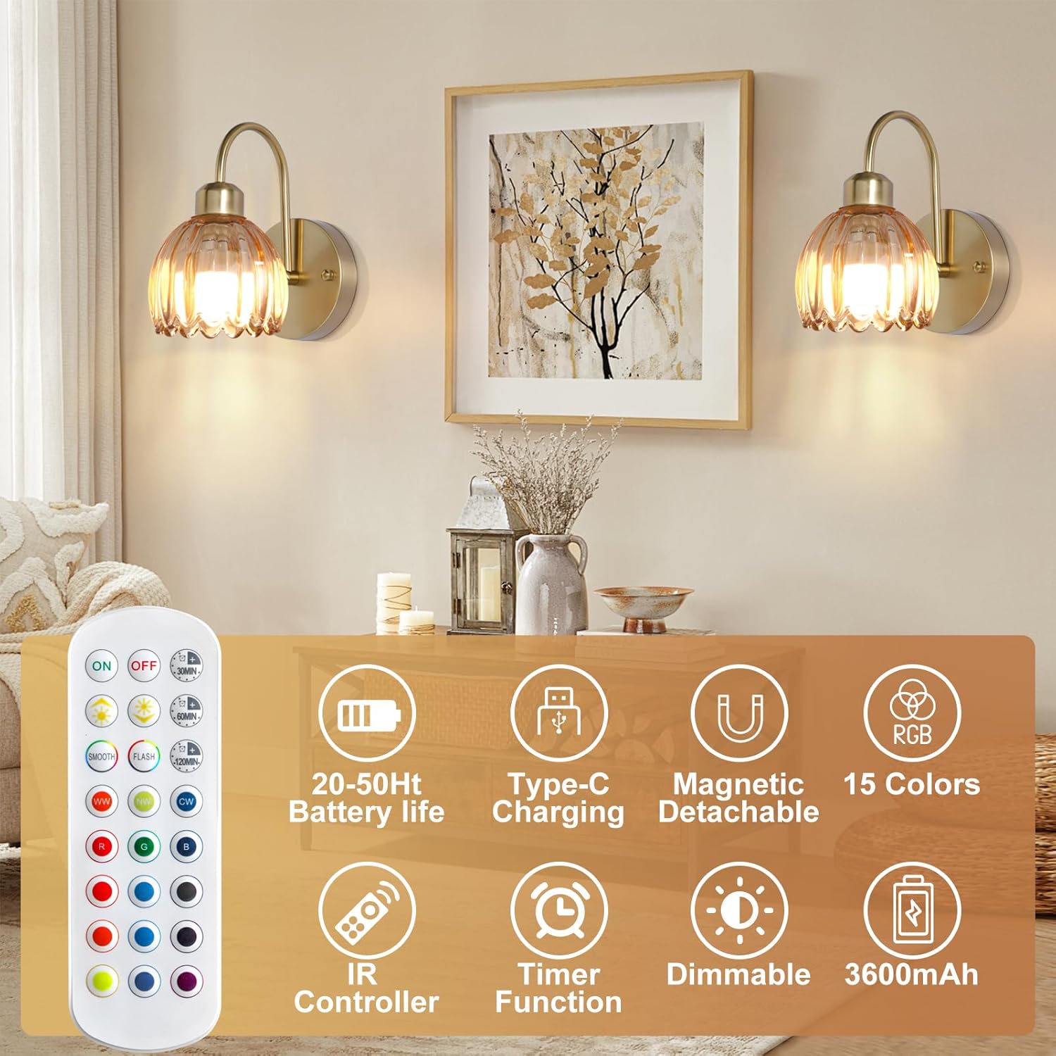 Vintage Battery Operated Wall Sconces Set of Two, Tulip Glass Lampshade Rechargeable Wall Lights, LED 15 Colors Gold Wall Lamp for Bedroom Bedside Doorway
