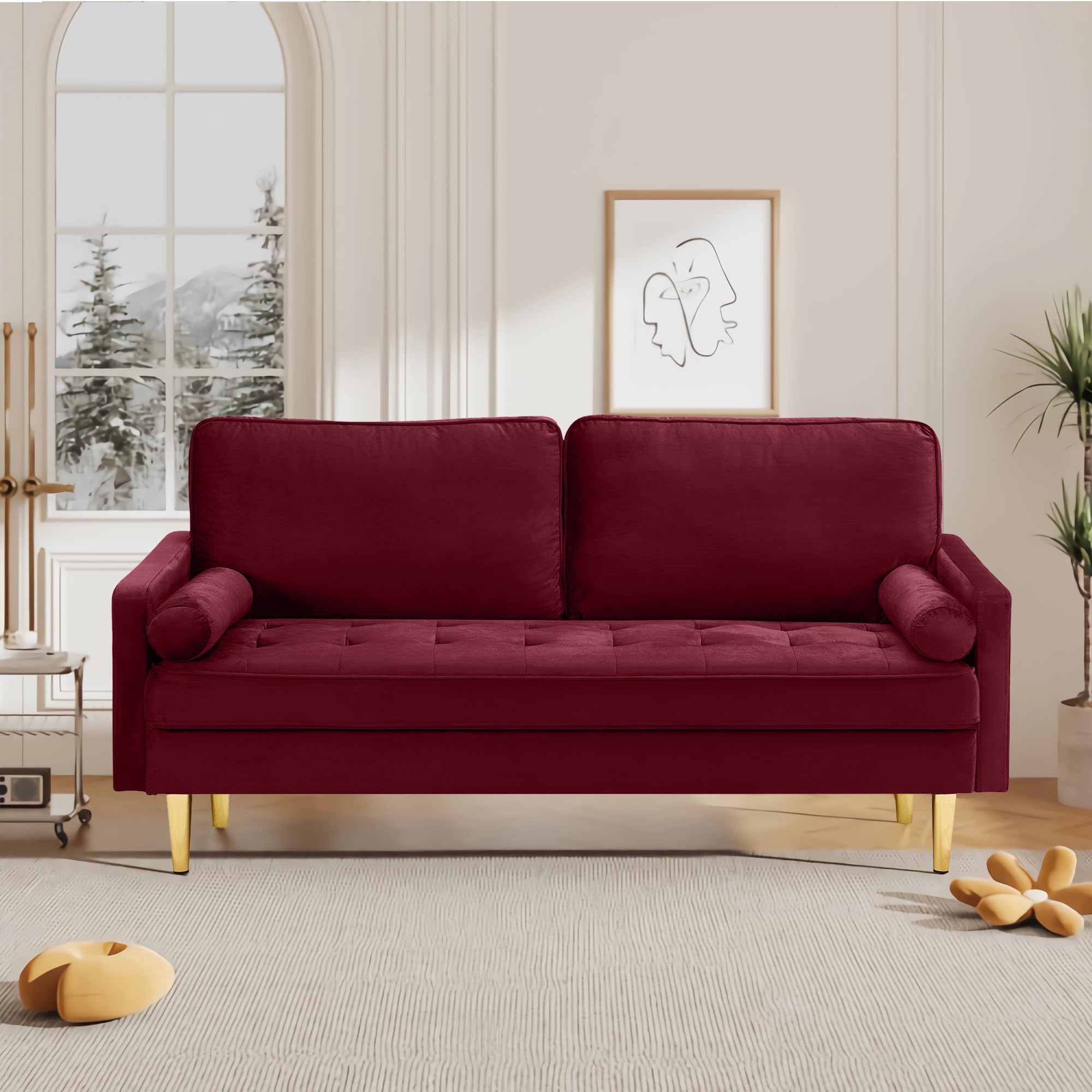 67" Modern Velvet Loveseat Sofa Couch, Mid-Century Tufted Upholstered Small Love Seat Couch with 2 Pillows & 4 Golden Legs, 2-Seats Couches for Compact Space, Living Room, Apartment (Black)