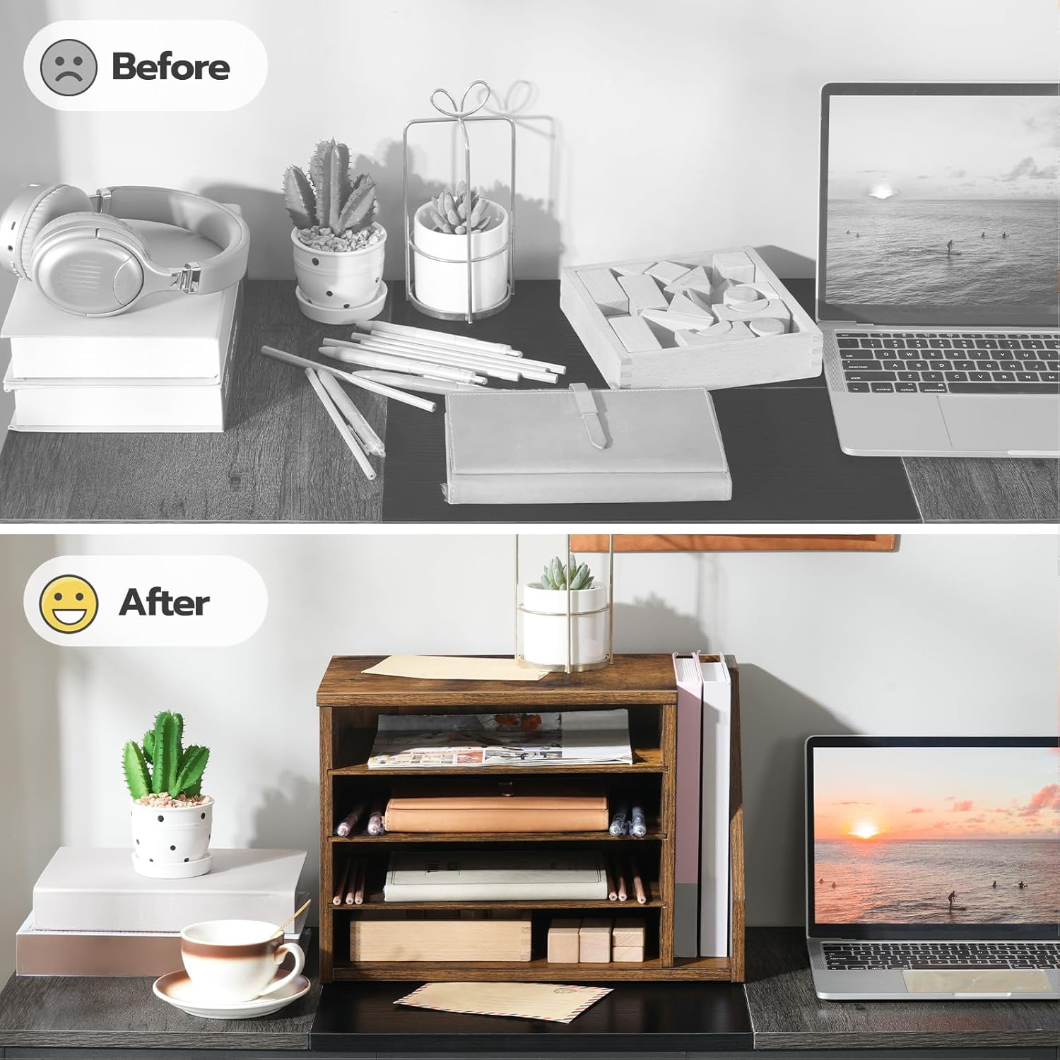 HOOBRO Mail Sorter, Literature Organizer with Adjustable Shelves, Paper Organizer for Office, Home, Wood Countertop File Holders, Mails, Magazines, Rustic Brown FG41WF01