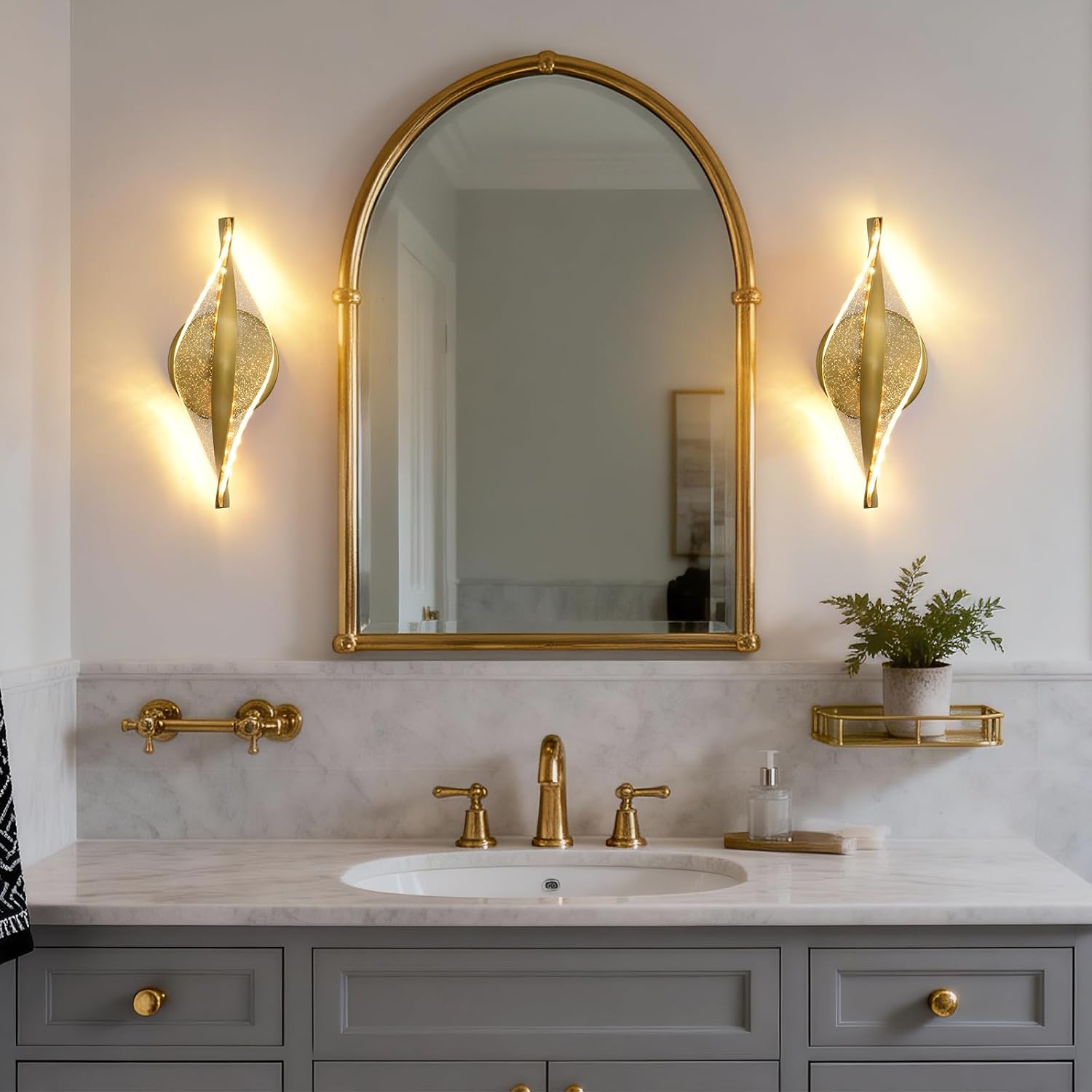 LED Wall Sconces Set of Two Battery Operated, 5000mAh USB Rechargeable Gold Acrylic Wall Lights with Remote, Dimmable Wireless Wall Lamp for Living Room, Bedroom, Hallway,11.8 Inch