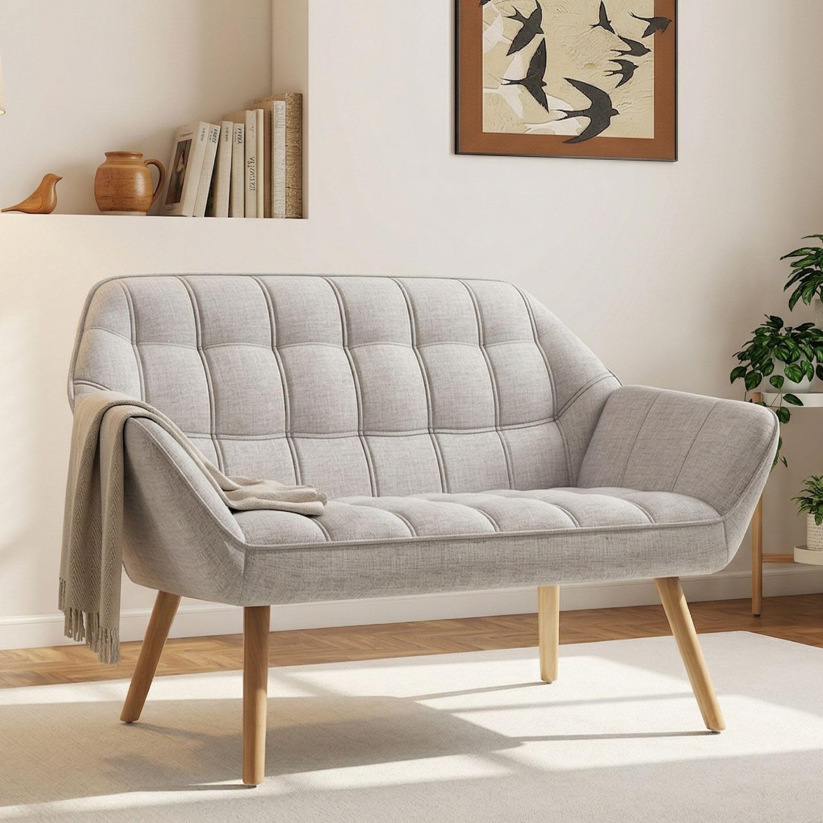 Hyfirm 48" Cream Velvet Tufted Loveseat Sofa, Modern Luxury Mini Couch with Gold Metal Legs, Comfy Small Loveseat for Small Space, Living Room, Bedroom, Apartment & Office