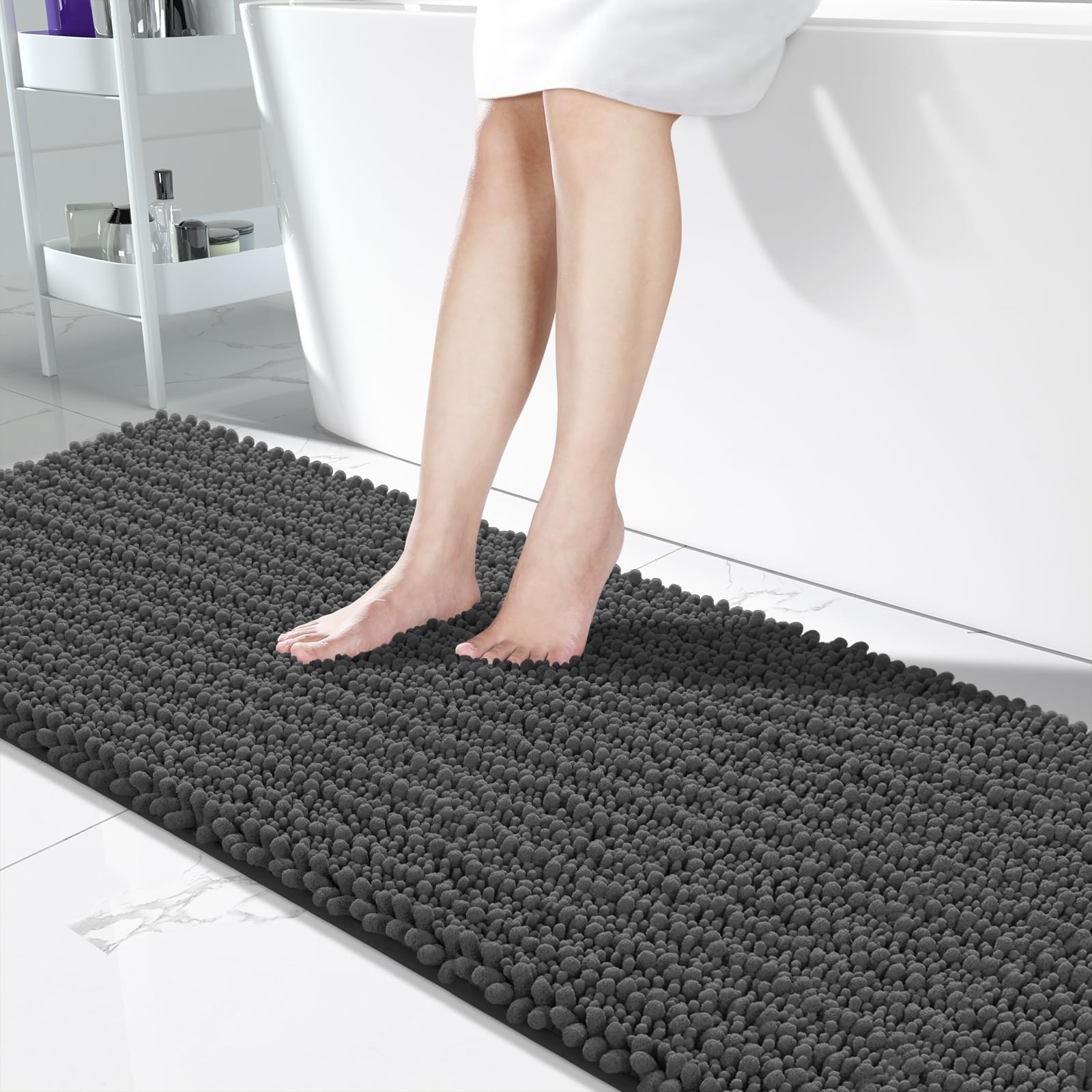 Yimobra Bathroom Rugs Non Slip Washable - Ultra Soft Absorbent Chenille Bath Mat, Quick Dry Shaggy Floor Carpet for Tub Shower, Gray Home Decor Accessories, 24x17 Inch