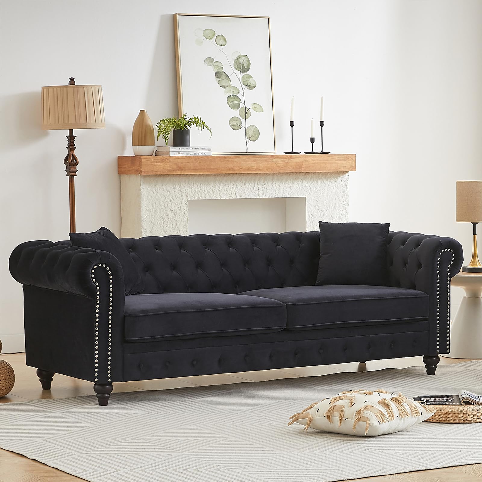 Mid Century Modern Loveseat Sofa, 63.5"W Velvet Fabric Button Tufted Small Couch with Nailhead Trim & Roll Armrest, Upholstered Comfy Chesterfield Sofa for Living Room, Office(2 Seater, Light Grey)