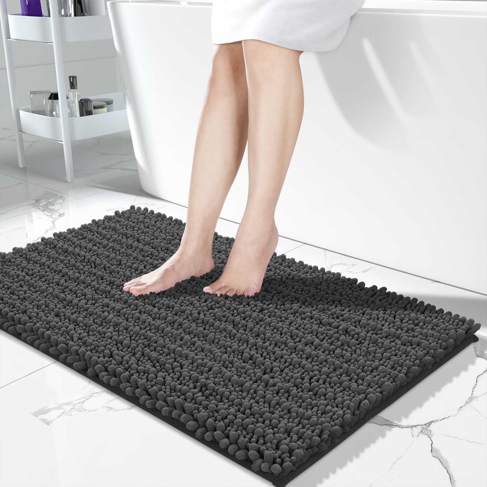 Yimobra Bathroom Rugs Non Slip Washable - Ultra Soft Absorbent Chenille Bath Mat, Quick Dry Shaggy Floor Carpet for Tub Shower, Gray Home Decor Accessories, 24x17 Inch