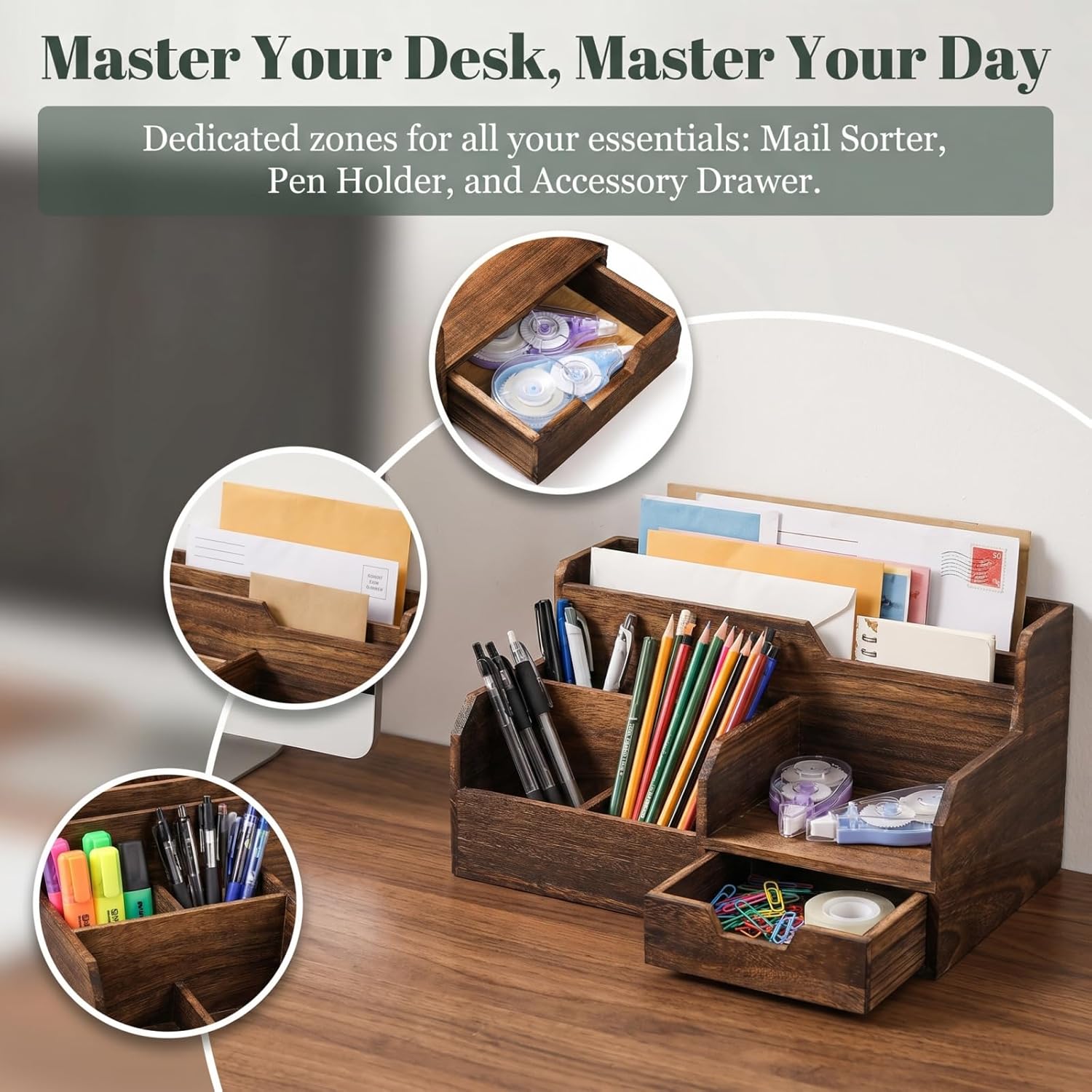 Pumtus Brown Wooden Mail Organizer, Desk Organizer with 7 Compartments and Drawer, Rustic Mail Sorter with Pen Holder, Tabletop Mail Basket, Office Accessories Holder for Pen File Letter Document