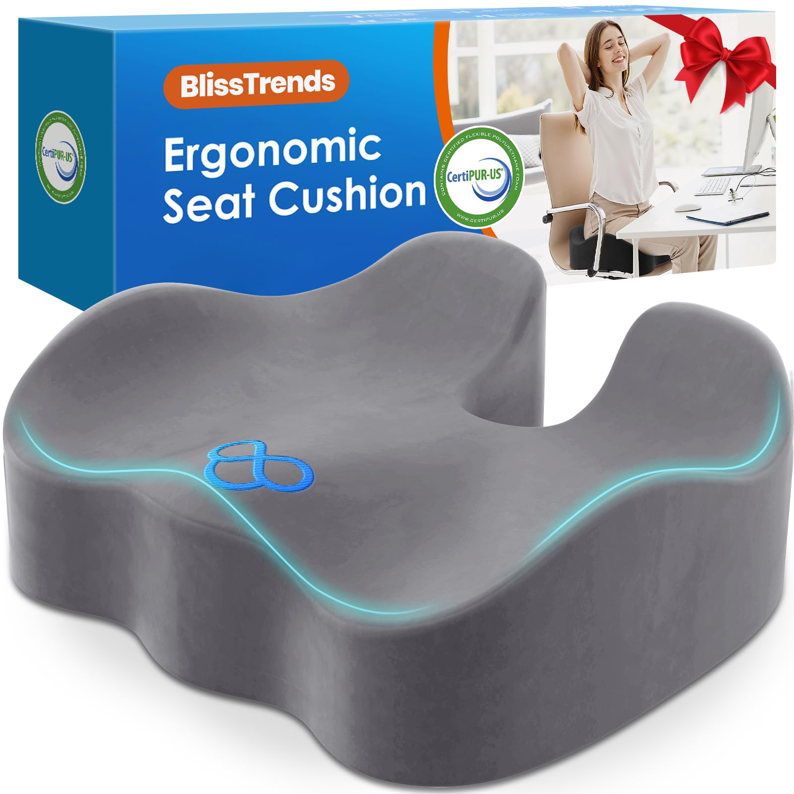 BlissTrends Seat Cushion with Velvet Cover, Thick Memory Foam Cushions for Office Chair, Car Seat, Airplane, Relieving Pressure Tailbone Sciatica Back Pain for Long Sitting, Car Drivers 4.7in Black