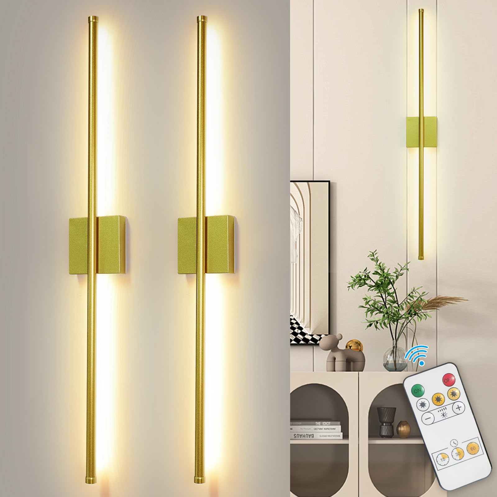 Depuley Battery Operated Wall Sconce: Set of 2 Wireless Wall Lights with 10000mAh Dimmable Bulbs and Remote for Bedroom - Rechargeable 15 Colors Gold Wall Lamp for Living Room Hallway