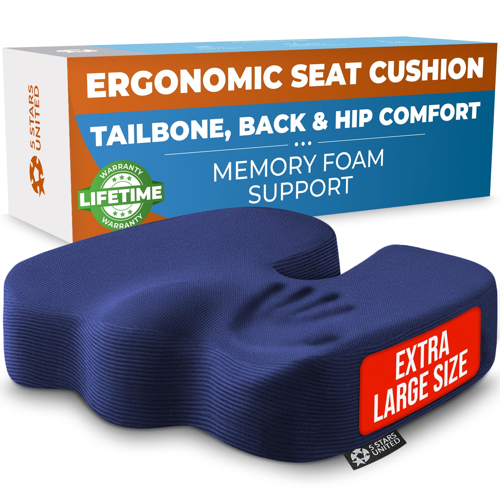 5 STARS UNITED Seat Cushion - Memory Foam Chair Cushion for Tailbone Pain Relief - Ergonomic Support for Coccyx, Sciatica & Butt - Office, Desk & Gaming Chair, Car Seat, Wheelchair, Airplane, Black