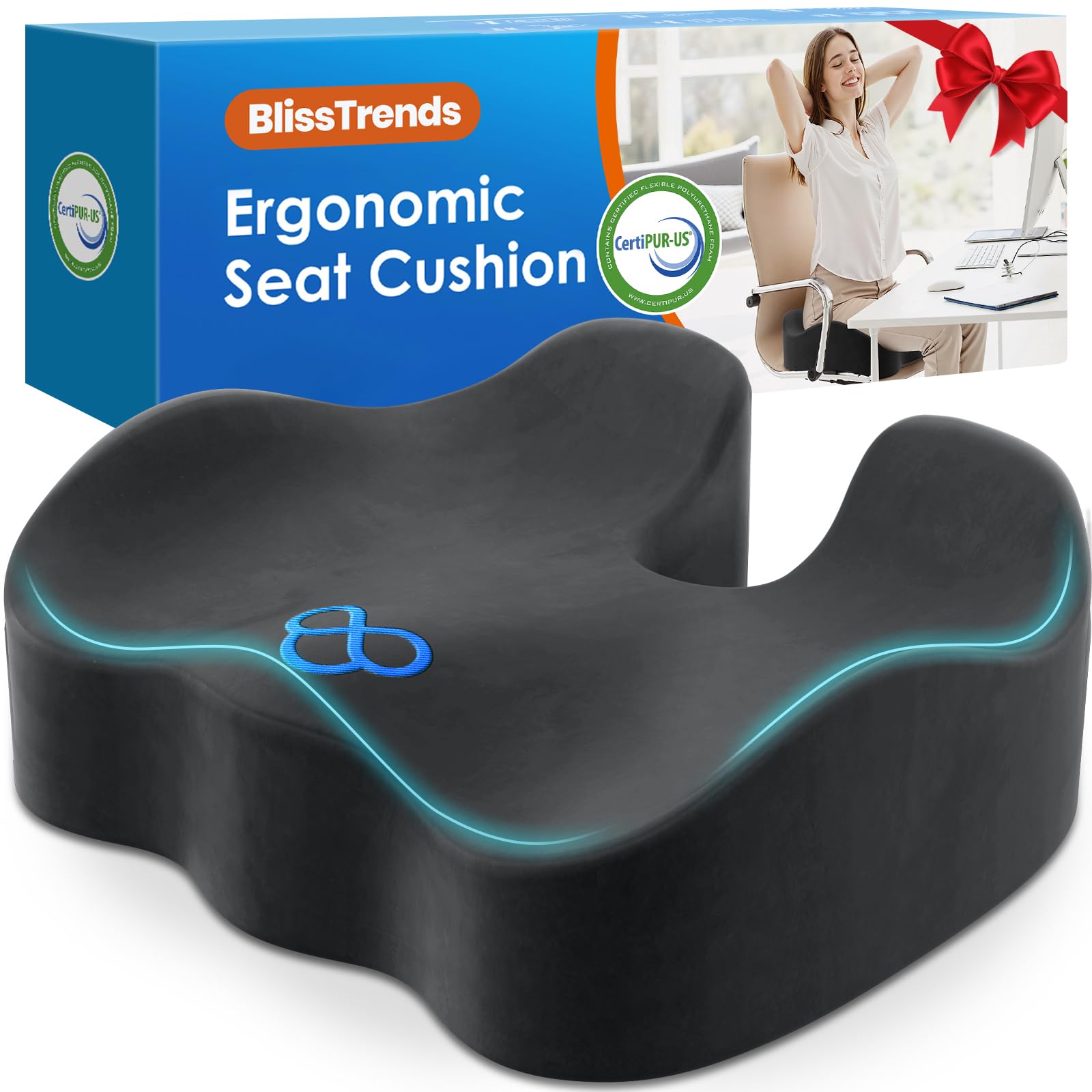 BlissTrends Seat Cushion with Velvet Cover, Thick Memory Foam Cushions for Office Chair, Car Seat, Airplane, Relieving Pressure Tailbone Sciatica Back Pain for Long Sitting, Car Drivers 4.7in Black