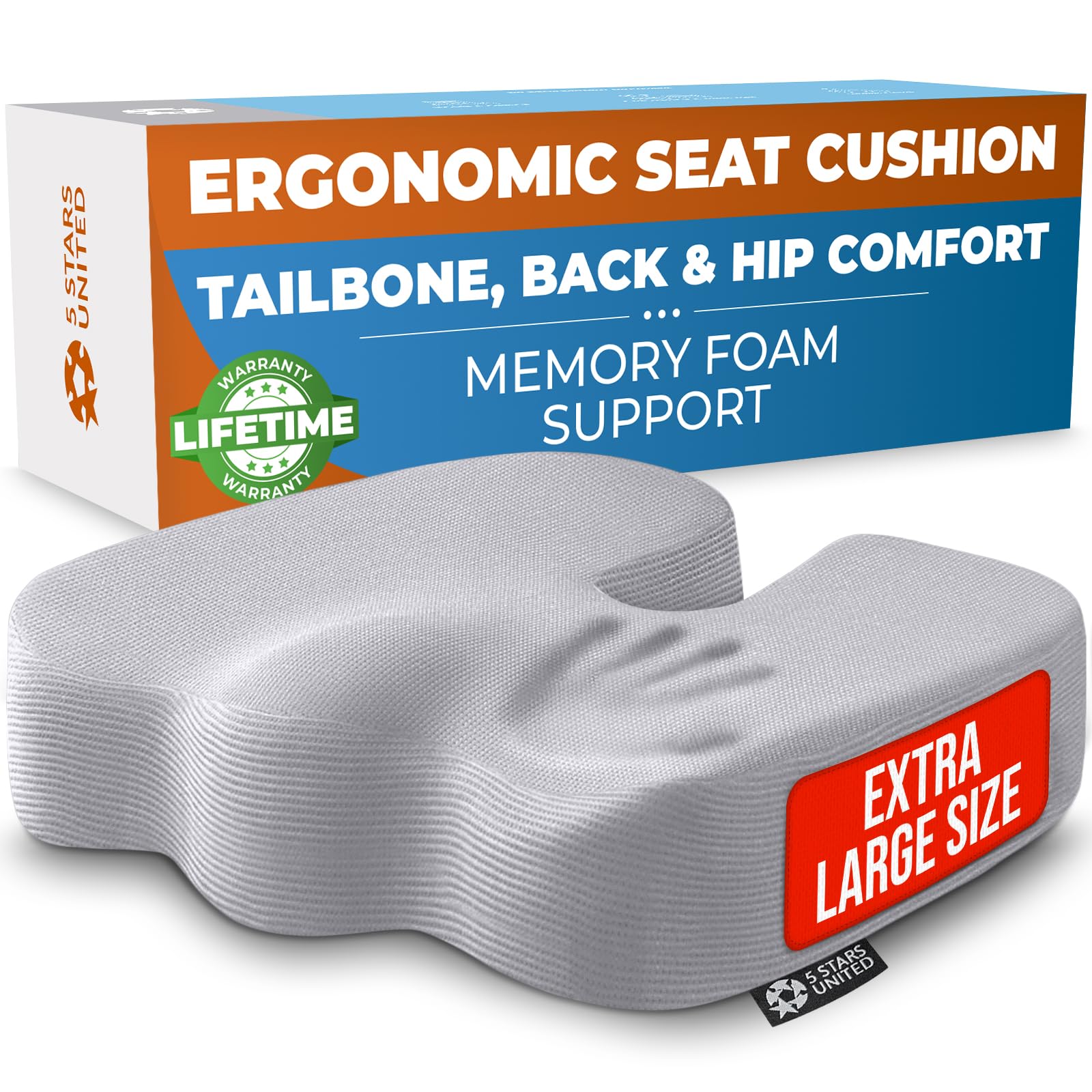 5 STARS UNITED Seat Cushion - Memory Foam Chair Cushion for Tailbone Pain Relief - Ergonomic Support for Coccyx, Sciatica & Butt - Office, Desk & Gaming Chair, Car Seat, Wheelchair, Airplane, Black