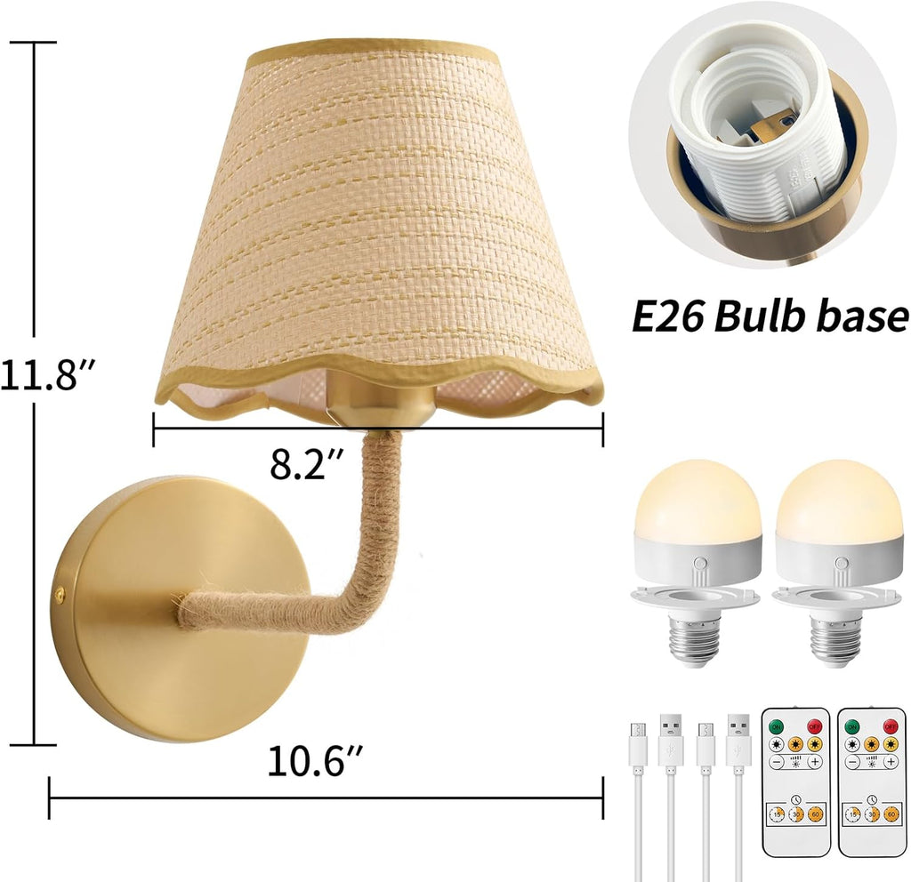 Battery Operated Rattan Wall Sconces Set of Tow, Wireless Rechargeable Battery Powered Wall Light with Grass-Woven Lampshade for Bedroom Living Room Hallway Porch(E26 Bulb Included)