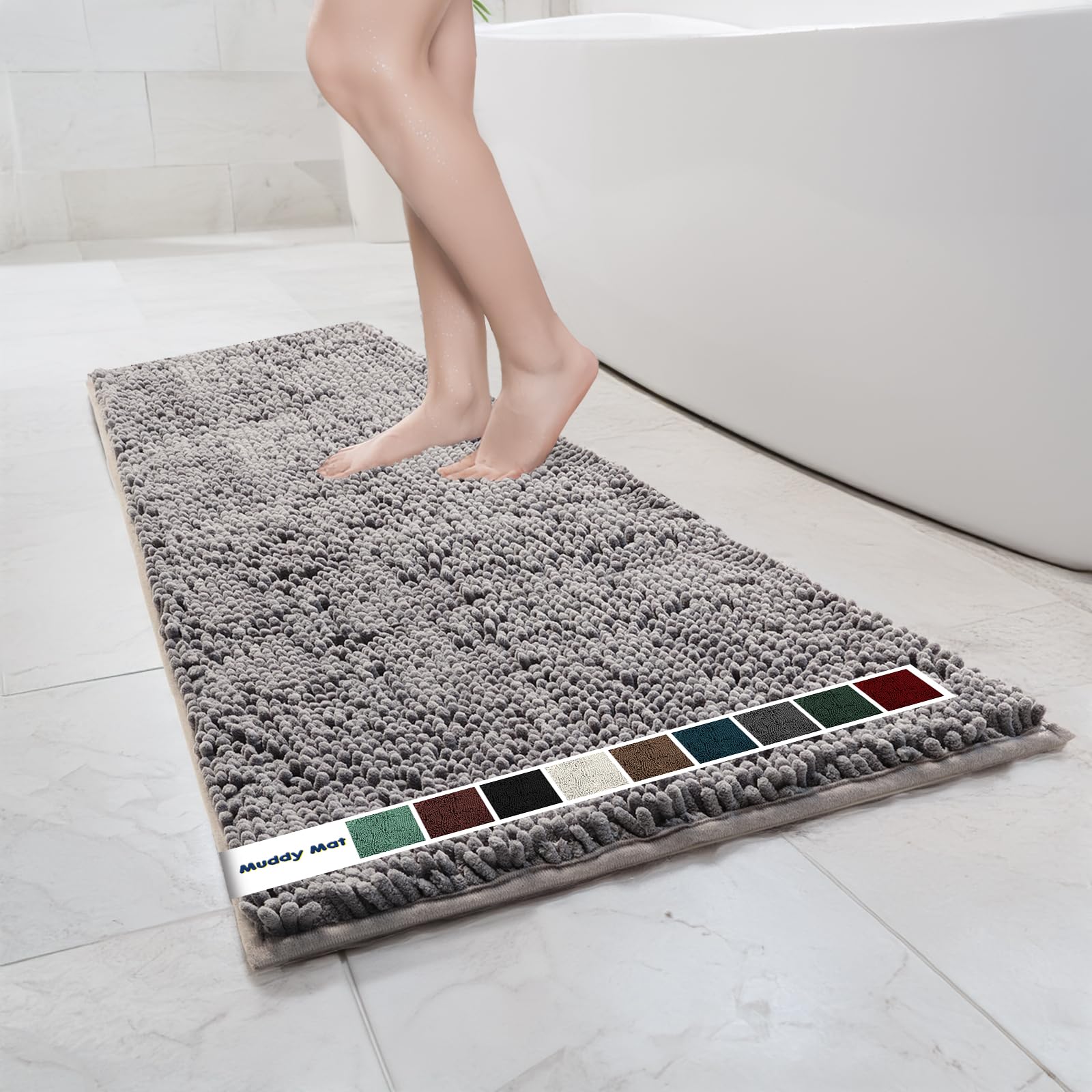 Muddy Mat Chenille Bathroom Rugs Quick Dry Microfiber Mats Non Slip Washable, Extra Thick, Soft and Highly Absorbent Bath Mats for Bathroom, Kitchen, and Shower Floor - Grey Small 28"X18"