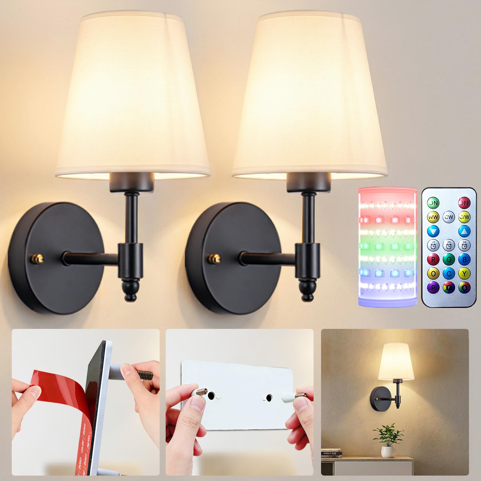 Nekhung Battery Operated Wall Sconces Set of Two, Wireless Battery Wall Light with 10000mAh RGB Dimmable Magnetic Bulb and Remote, Rechargeable Sconce Wall Decor for Bedroom Living Room Hallway