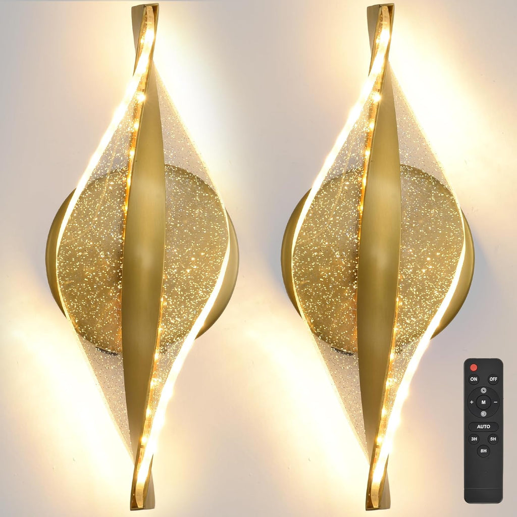 LED Wall Sconces Set of Two Battery Operated, 5000mAh USB Rechargeable Gold Acrylic Wall Lights with Remote, Dimmable Wireless Wall Lamp for Living Room, Bedroom, Hallway,11.8 Inch