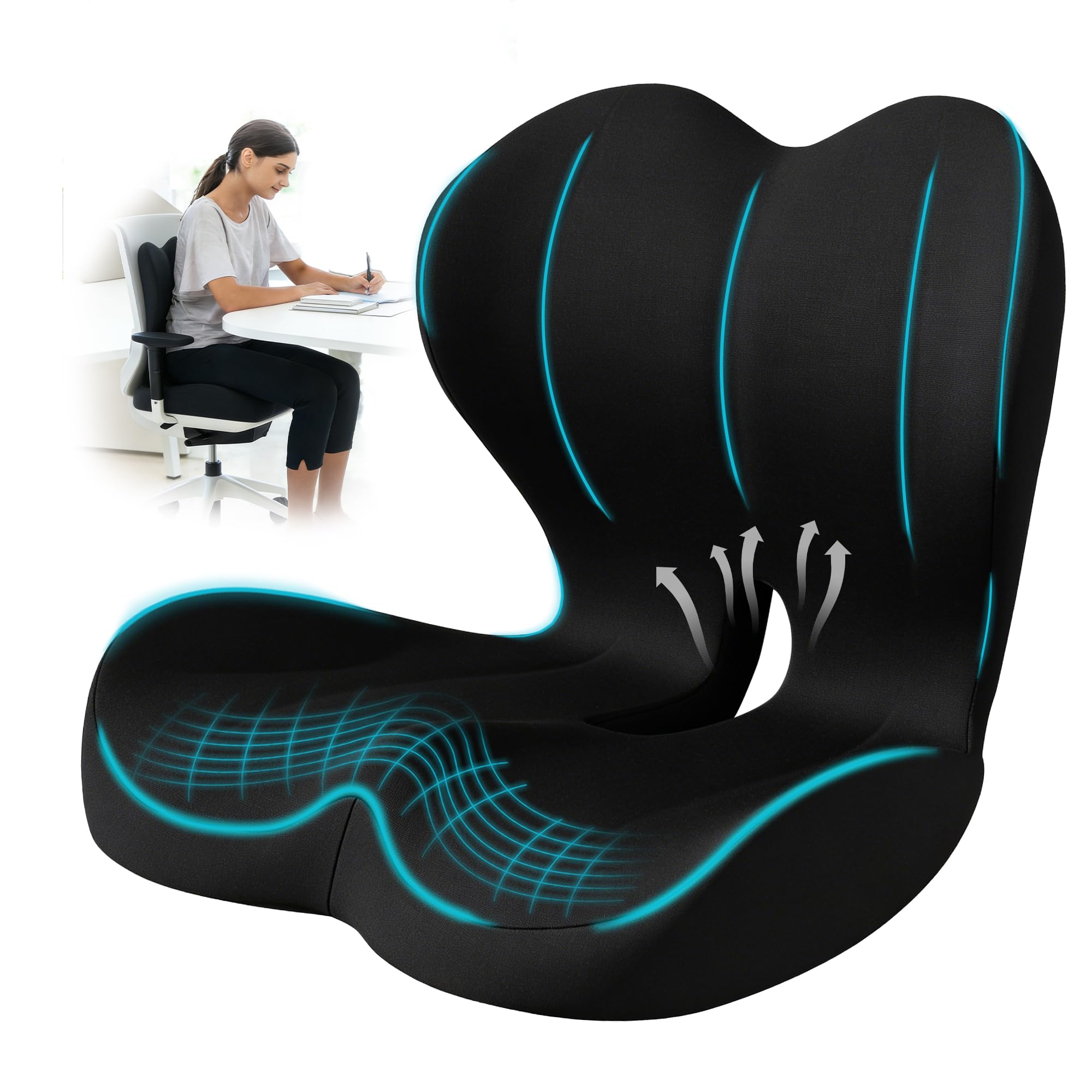 Seat Cushion for Office Chair and Car, Lumbar Support Pillow for Office Chair, Memory Foam Ergonomic Seat Cushion for Long Sitting, Back & Tailbone Pain, Sciatica - Black