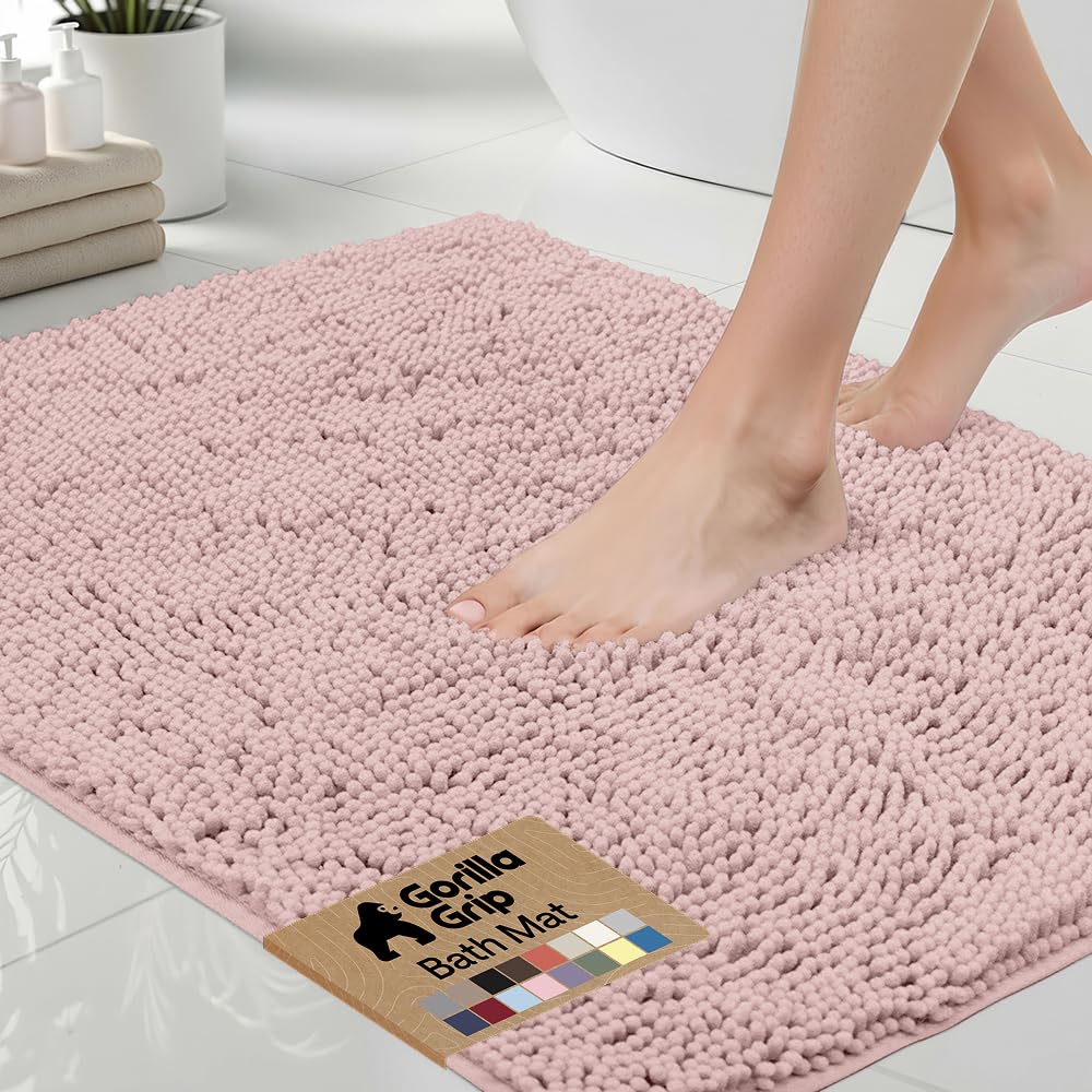 GORILLA GRIP Bath Rug Mat, Thick Soft Absorbent Chenille, Quick Dry Microfiber Mats, Rubber Backing Washable Shower Floor Rugs, US Designed Bathroom Bathmat Home Decor Accessories, 24x17, Grey