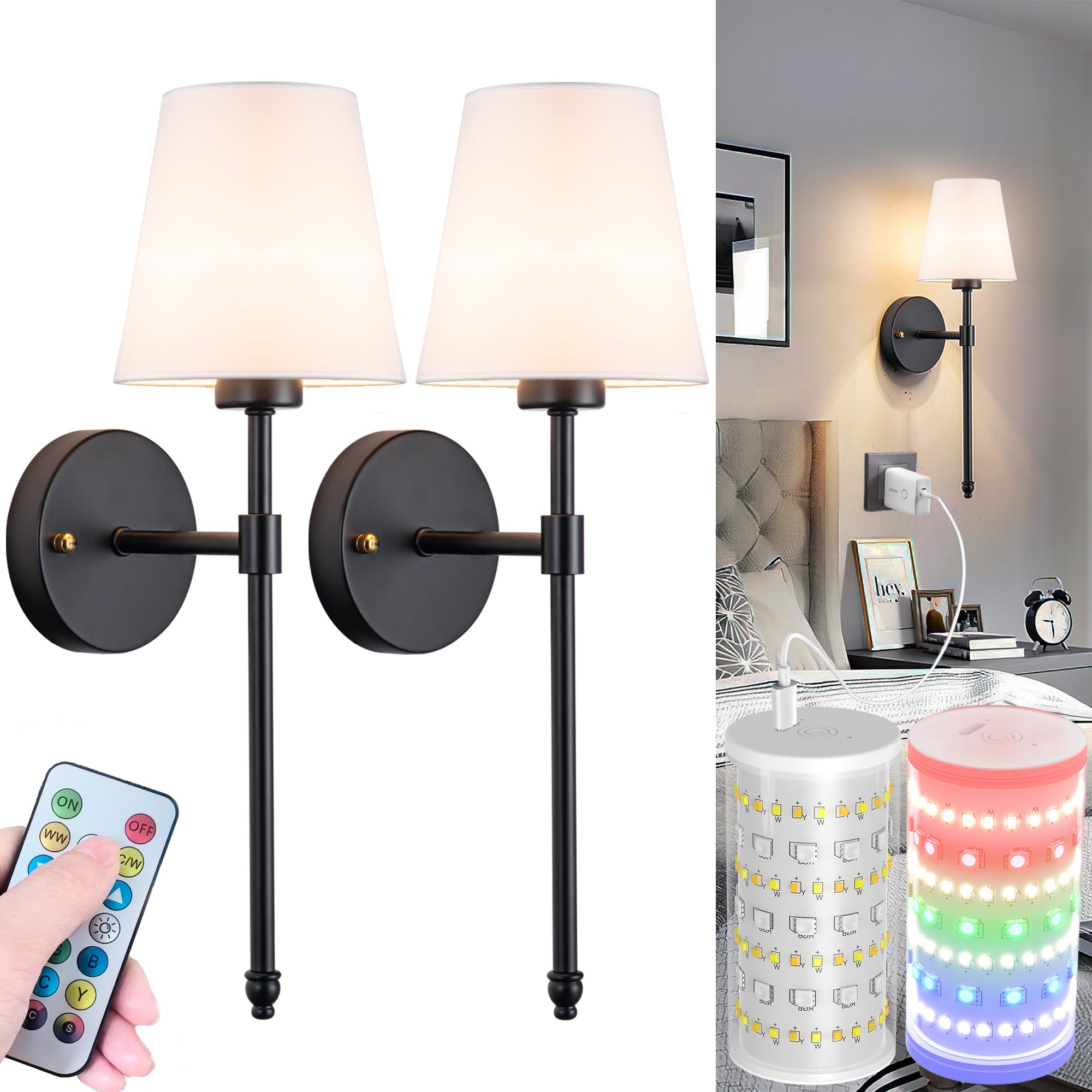 Nekhung Battery Operated Wall Sconces Set of Two, Wireless Battery Wall Light with 10000mAh RGB Dimmable Magnetic Bulb and Remote, Rechargeable Sconce Wall Decor for Bedroom Living Room Hallway