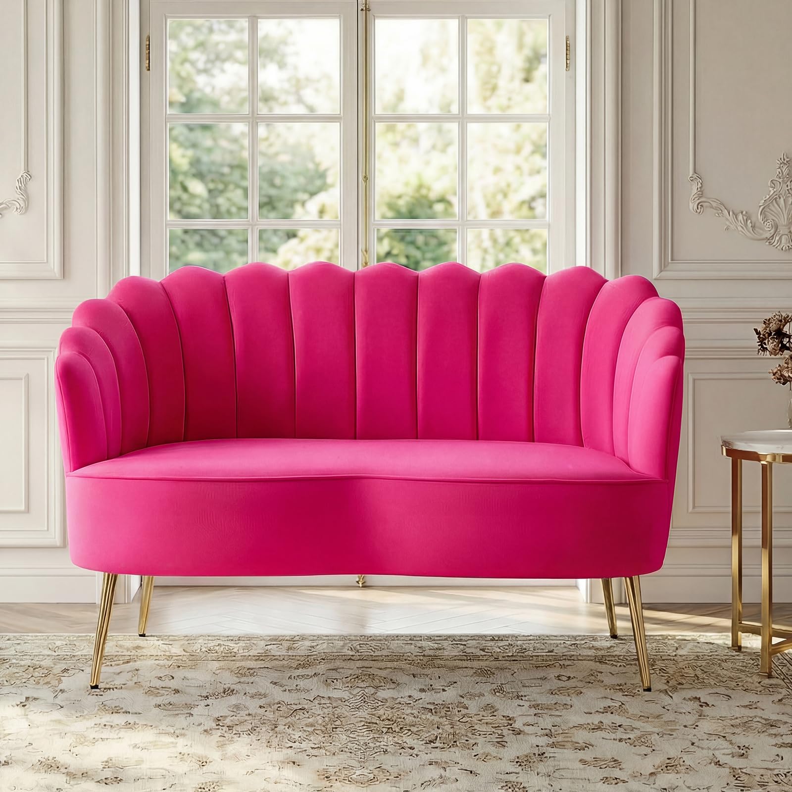Velvet Upholstered Loveseat Sofa with Gold Metal Legs, Modern Comfy Small Love Seat with Flower Shaped Back, 2-Seater Sofa Accent Couch for Living Bedroom Leisure Areas