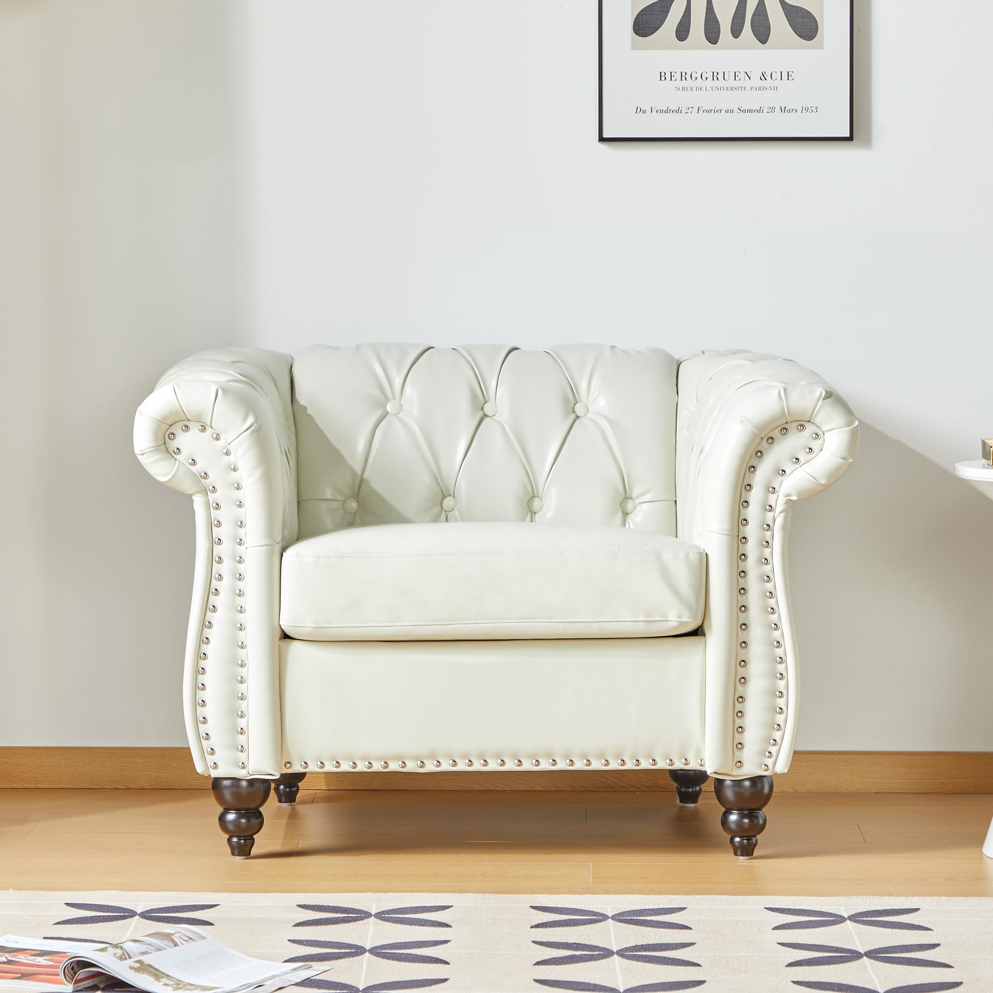 ORRD Chesterfield Loveseat, Modern Velvet Sofa Tufted Couch 2 Seater with Scroll Arms and Nailhead for Living Room, Bedroom, Office, Apartment (Beige)