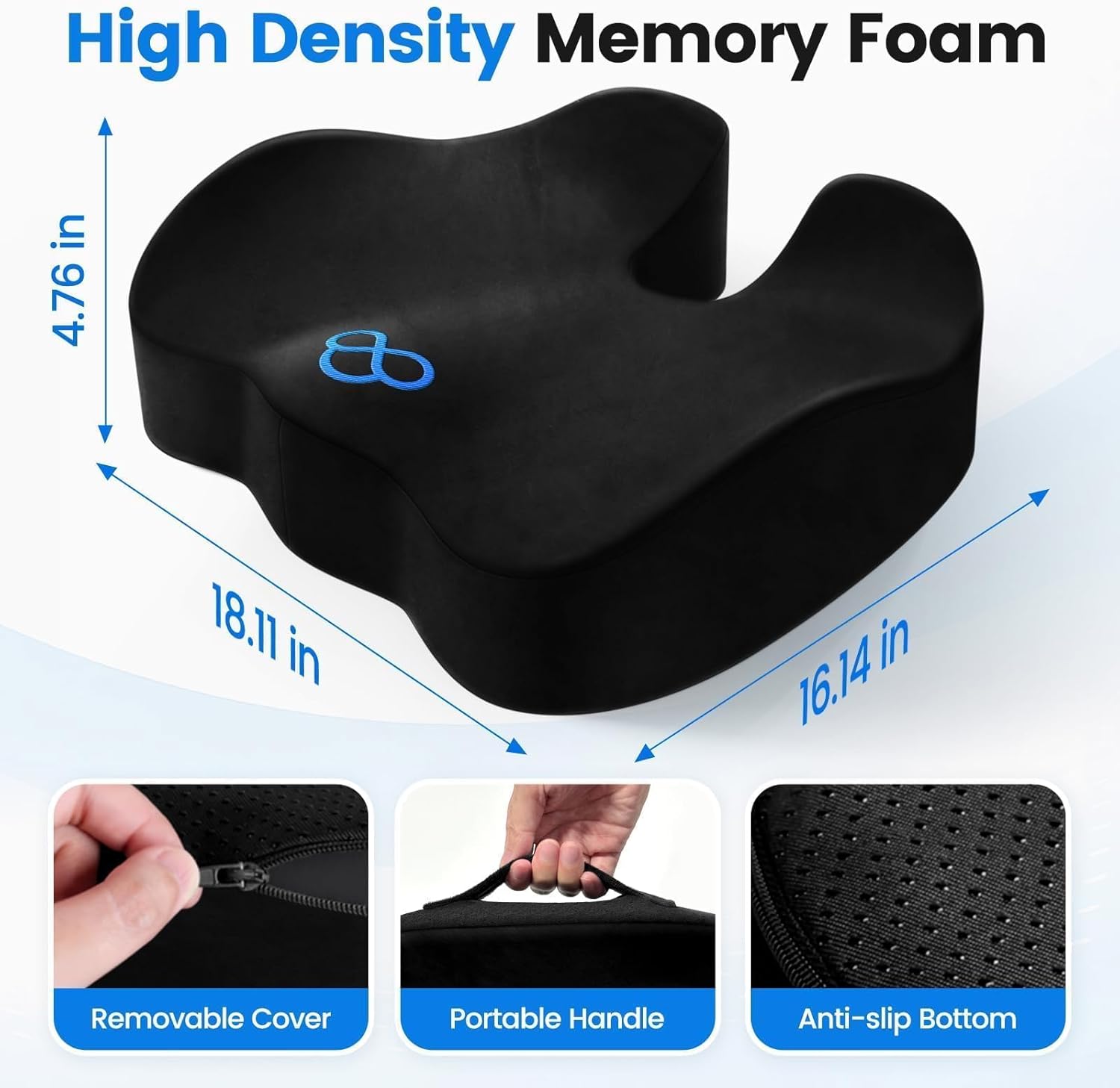 Seat Cushion, Memory Foam Chair Cushions for Tailbone/Sciatica Easing, Chair Pillow with Handles for Car, Office Chair Cushion with Non-Slip Design, Ideal for Post-Surgery Recovery(Black)