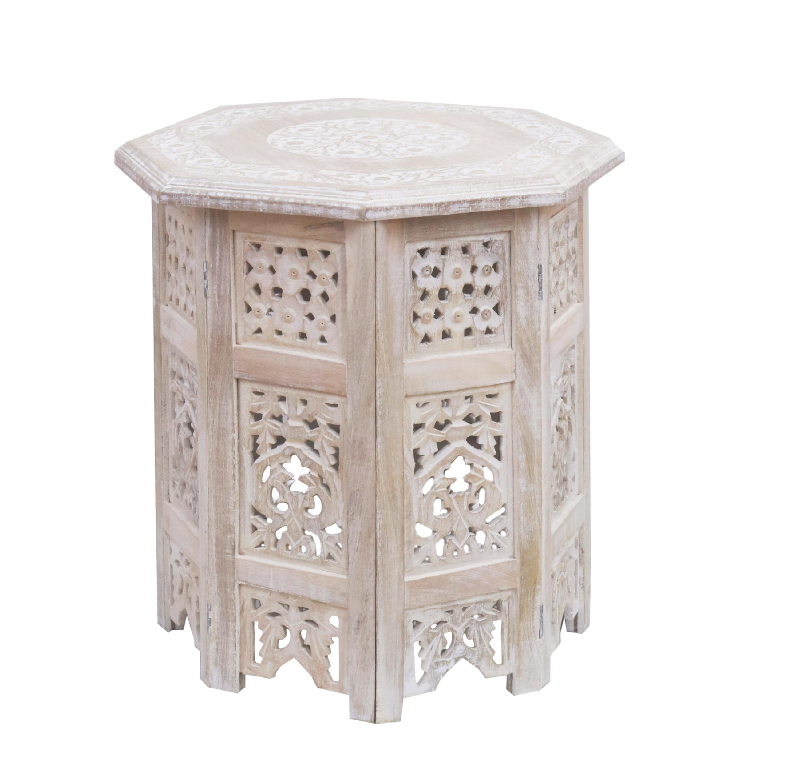 COTTON CRAFT Solid Wood Accent End Table - Hand Carved Vintage Boho Folding Side Table - Small Spaces Entryway Farmhouse Living Room Bedside - No Tools Assembly - 18x18 Octagon - Brown