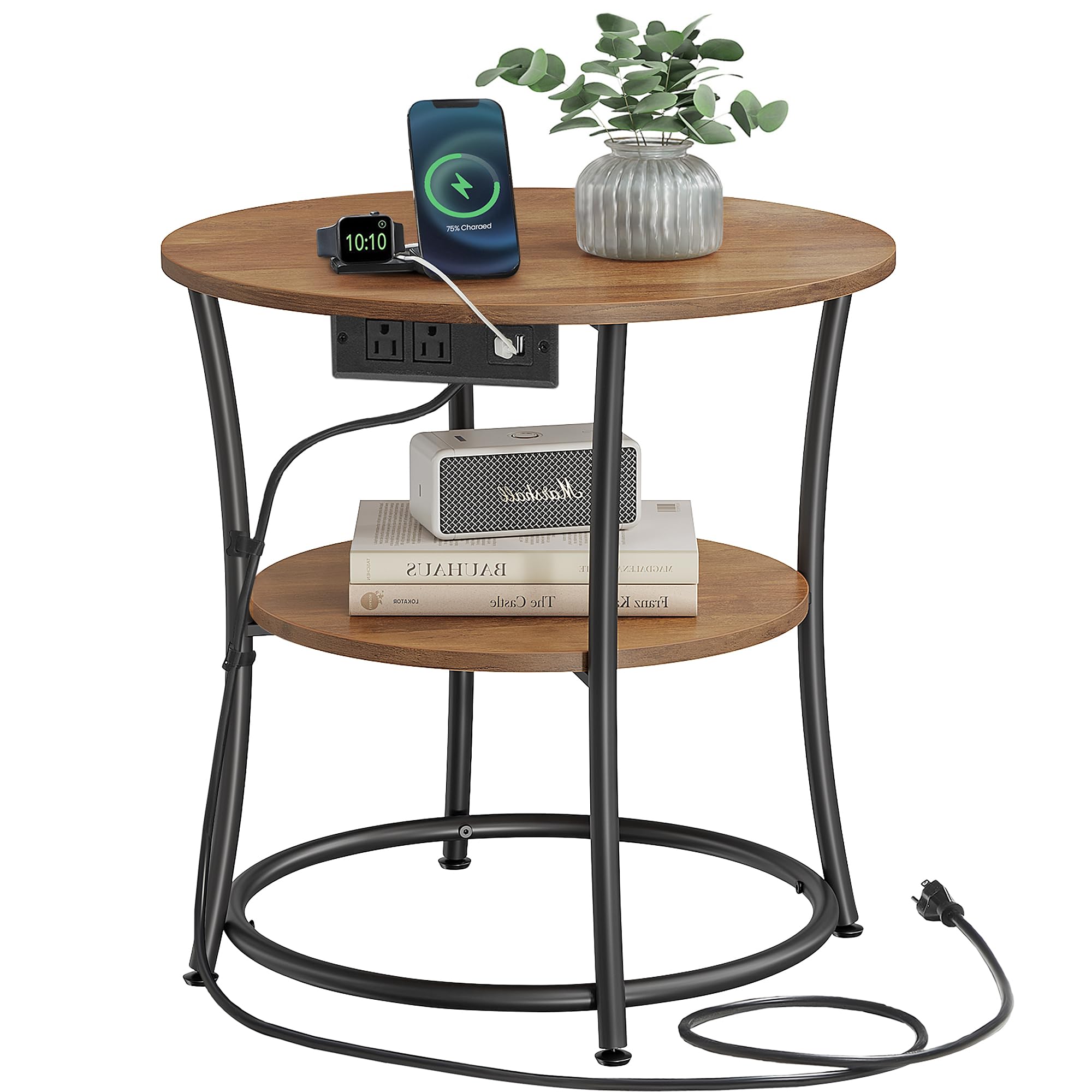 VASAGLE 21.7-Inch Round Side Table, 2-Tier End Table, Nightstand with Steel Frame, Spacious Top, for Small Spaces, Living Room, Bedroom, Heather Greige and Ink Black ULET56BG | 2 Storage Shelves, Living Room, Bedroom, Nightstand, Small Spaces, Accent Coff