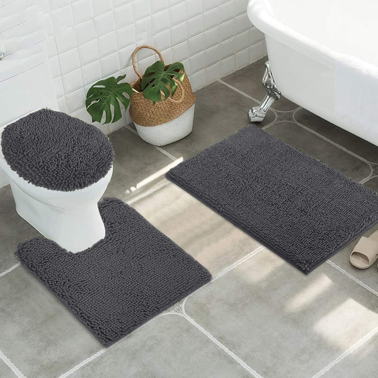 MAYSHINE Round Area Rug Set for Bathroom | Soft Plush Chenille Bath Mat, Water Absorbent Non-Slip Bathroom Rug | Washable Shag Carpet for Shower, Bedroom, or Home Décor | 36"x36" (Round) | White